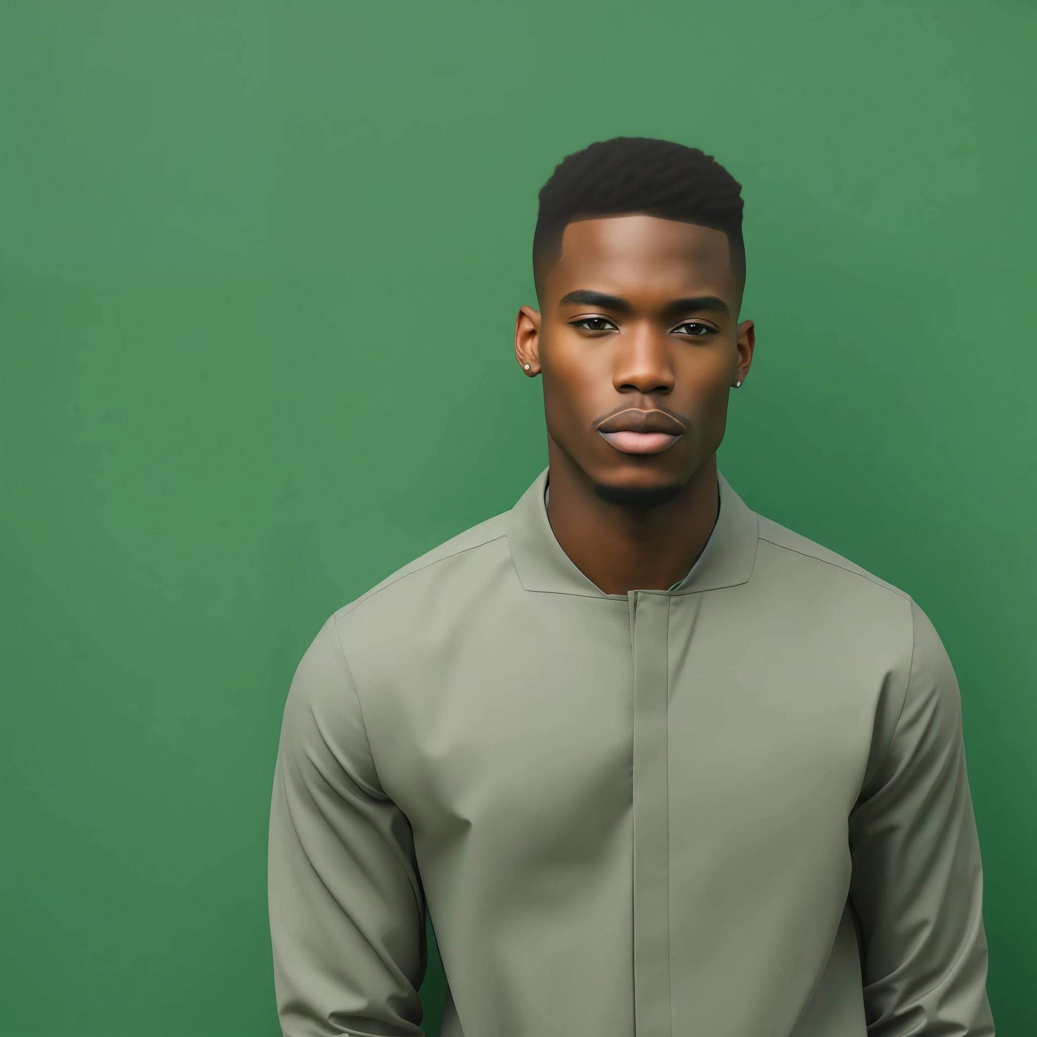 handsome young black man, face zoom, front view, serious expression, short hair and no beard, urban style, green background, fit on page,