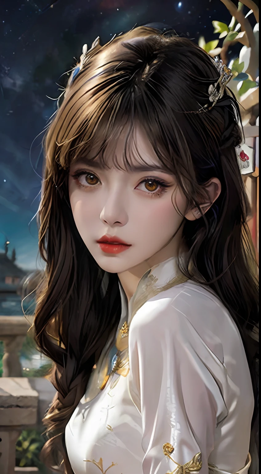 1 27-year-old girl, 1 zodiac goddess from the future, goddess of the pink and purple 12 zodiacs, the goddess of the zodiac in a yellow ao dai, a 12 zodiac ao dai with many black lace detail, mythology Goddess of the 12 zodiacs from the future, zodiac ♏, luxurious glittering zodiac style, dark and mysterious version, zodiac crown, lipstick lips red, thin and beautiful lips, mouth closed, characters made by karol bak and pino daeni, intricate detail, detailed background, extremely detailed, light magic, a woman, clear face, hair long with bangs, beautiful face in detail and well-proportioned eyes, (transparent yellow eyes: 1.8), big round eyes and very beautiful and detailed makeup, foresight, silk dress, mysterious makeup , double bangs and dyed light blonde , upper half portrait, zodiac goddess portrait, arms hanging loosely, Realistic and vivid photo, (stars make up the zodiac: 1.7), (sky background zodiac and fictitious space and time portal: 1.8), fiction art, RAW photo, hanfu picture, best photo, best photo quality, 8k quality, 8k ultra, super realistic, real photo most economical, the goddess poses sexy and seductive,