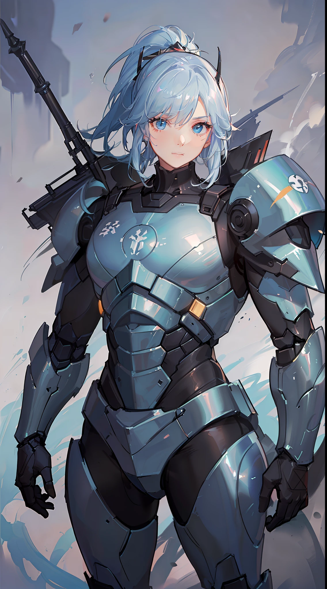 Adult guy, short blue hair, high ponytail, blue eyes, Autobot armor, masterpiece, high quality