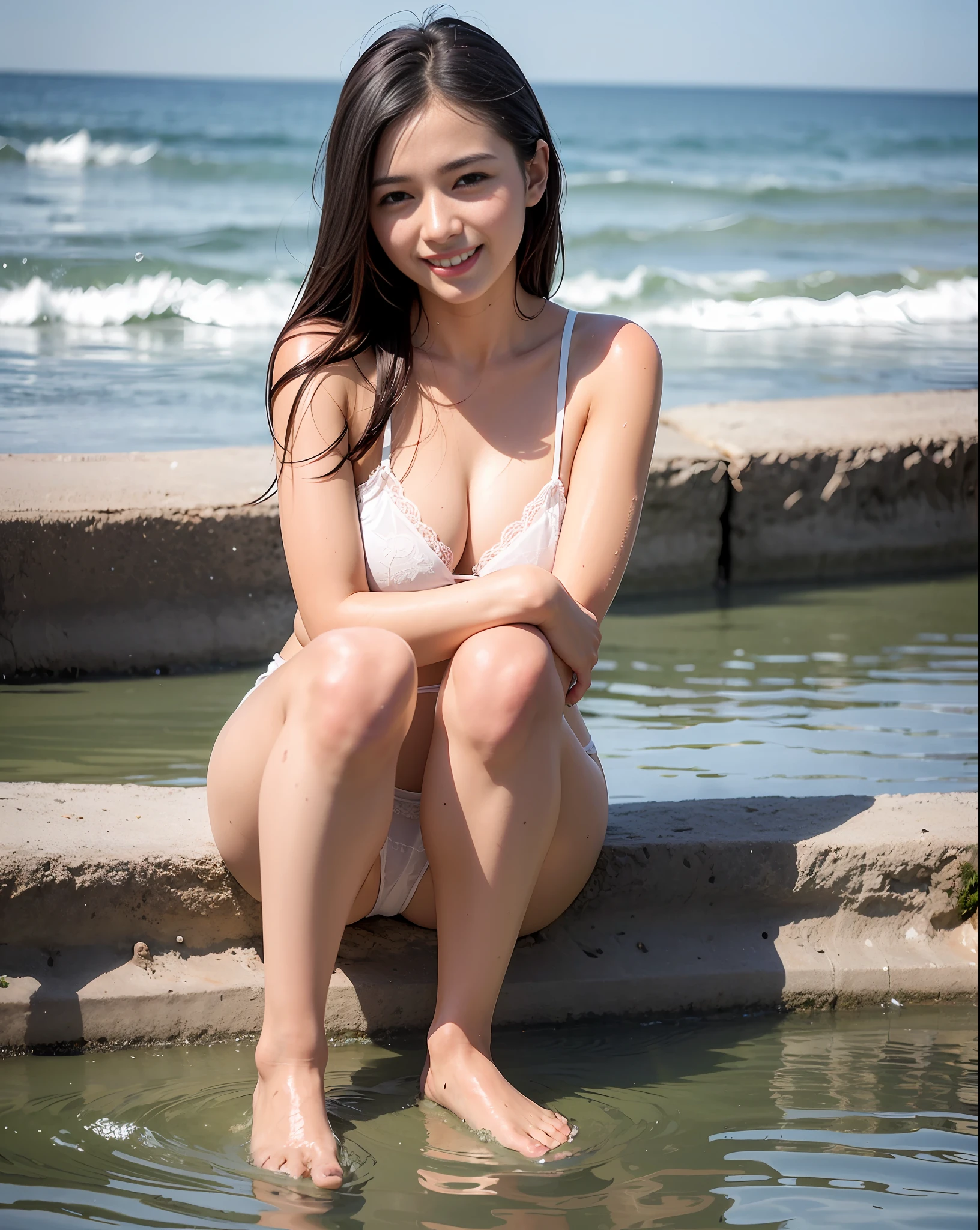 Top Quality, Soft Light, (Depth of Field), Ultra High Resolution, (Photorealistic: 1.4), RAW Photo, (Portrait: 1.4), (Frontal)
1 Japan girls, solo, cute, (shy, smile:1.1), (brown eyes), beautiful face, white lingerie, full body, sea, beach, black hair short, wet body, open legs