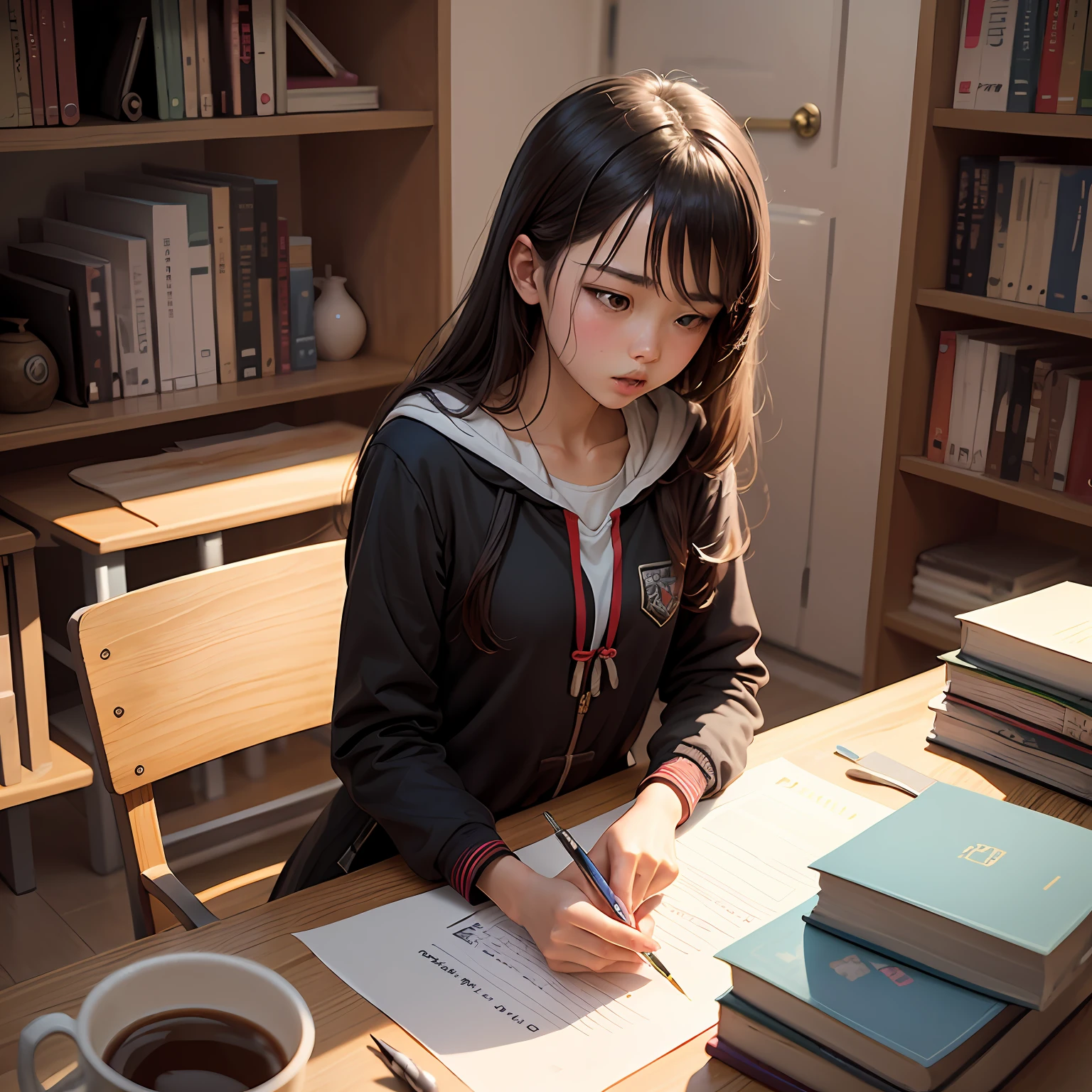 Draw a promotional poster with the theme of "Counterattack and Struggle" of female students: the figure is a  high schoole student studying hard, surrounded by bookshelf desks and various study books, and the painting needs to add the two very popular style Chinese Chinese characters "Counterattack". --auto