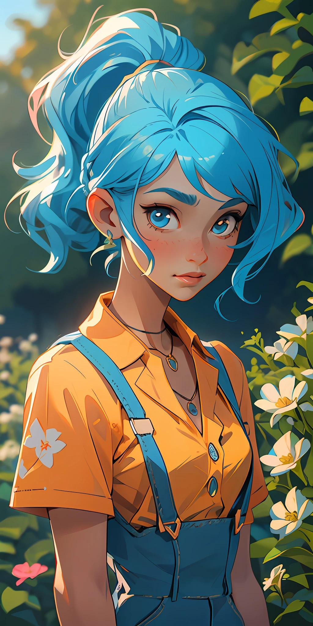 (masterpiece, top quality), 1 girl, collarbone, wavy hair, look at the beholder, blurry, upper body, necklace, suspenders, floral, ponytail, blue hair, sunlight,