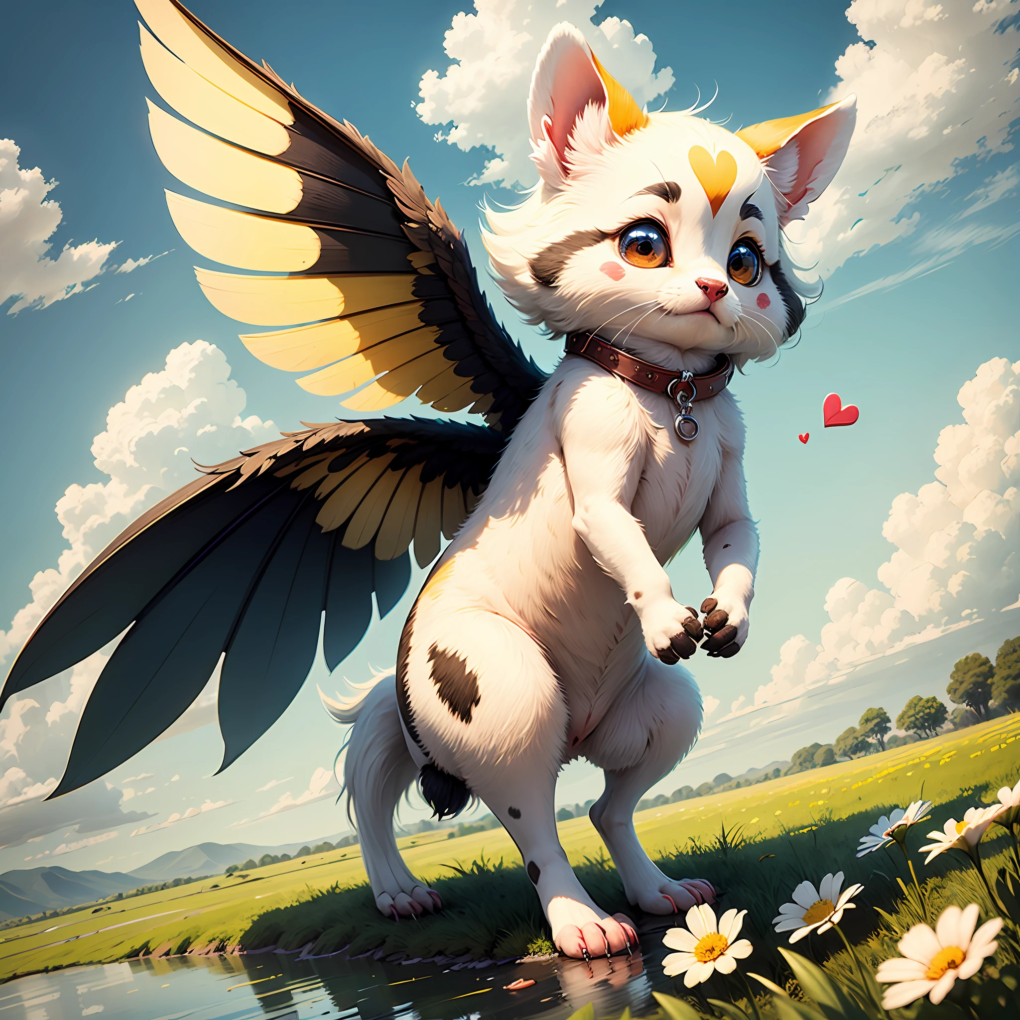 Soft, furry, cute ears, mole shape, light yellow body, heart markings, short limbs, a pair of small wings, big eyes, cute shape, daytime, grassland, blue sky and white clouds, river, surrounded by many flowers, refer to Ba Darmon style --auto