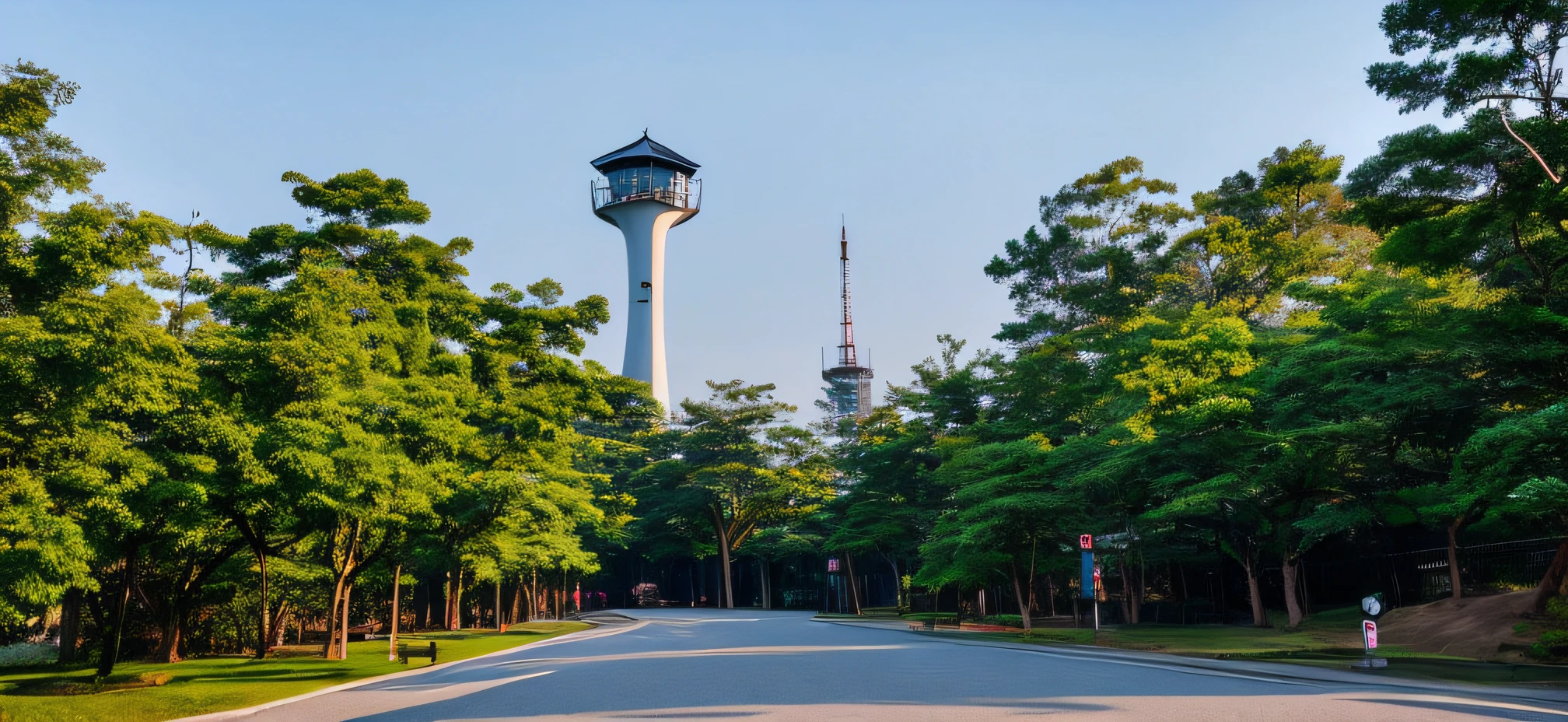 trees line the road in front of a tall tower, tower, watch tower, lookout tower, from the distance, view from the distance, sangyeob park, 155 cm tall, viewed from the ground, surrounding the city, view from the ground, 165 cm tall, view from a distance, the photo was taken from afar, viewed from a distance