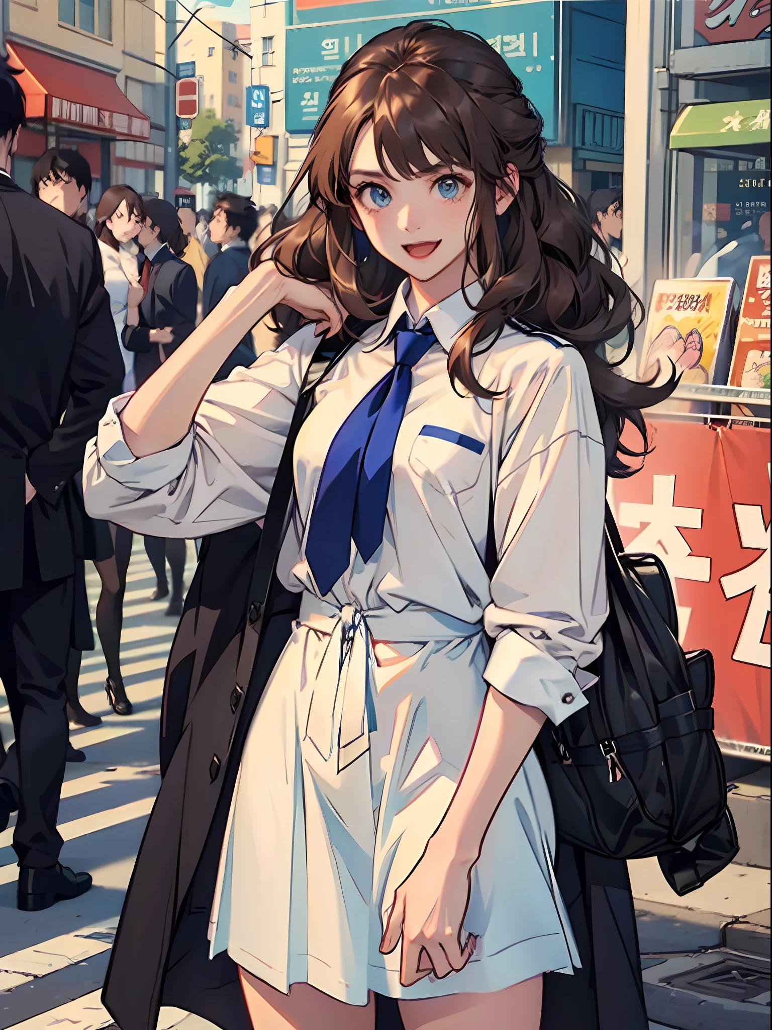 Young woman 18 years: 1.3, Long brown hair: 1.2, Tall: 1.2, Occupation: 1.2, Daytime: 1.2, On the street: 1.2, Film lighting, Best quality, 8k, unbuttoned school uniform, white dress shirt, blue tie ((anime traits)) Korean girl, simple uniform, Korean girl, seductive look, sexy, open mouth and smiling ((small breasts))