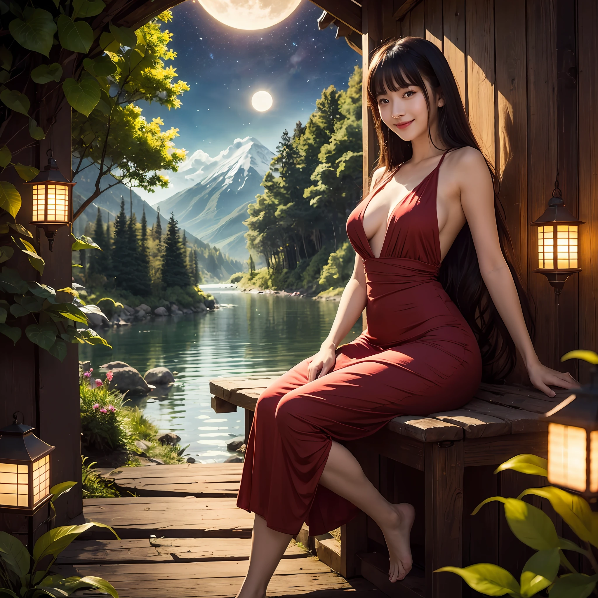 best quality, detailed, dreamland, fantasy world,night, glowing stars, milky way, cresent moon, yellow lantern, mountain, trees, lake, vegetation, flower, blue, red, yellow, white. alluring, smiling, beauty, 20 years old, japan, long hair, asian bangs, red_lips, brown_eyes, look at viewer, sitting on bench, red long dress, small breast, photo, realistic, best quality, hires, detailed face, glowing skins, dim light