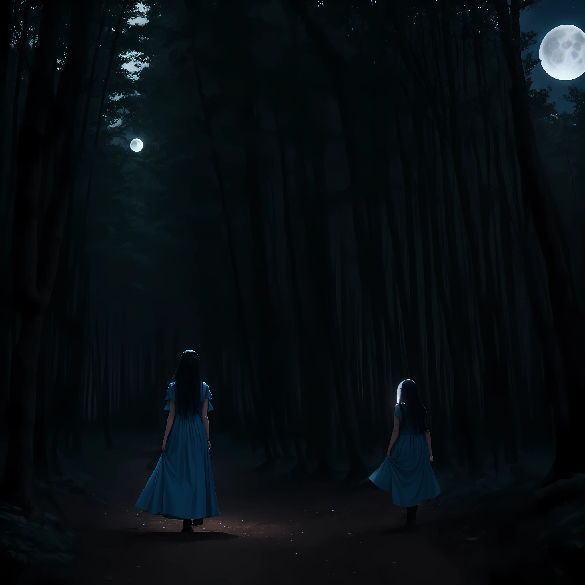 Woman with long black hair, white skin, black eyes, wearing a blue dress walking in a forest at night being illuminated by the light of the moon --auto