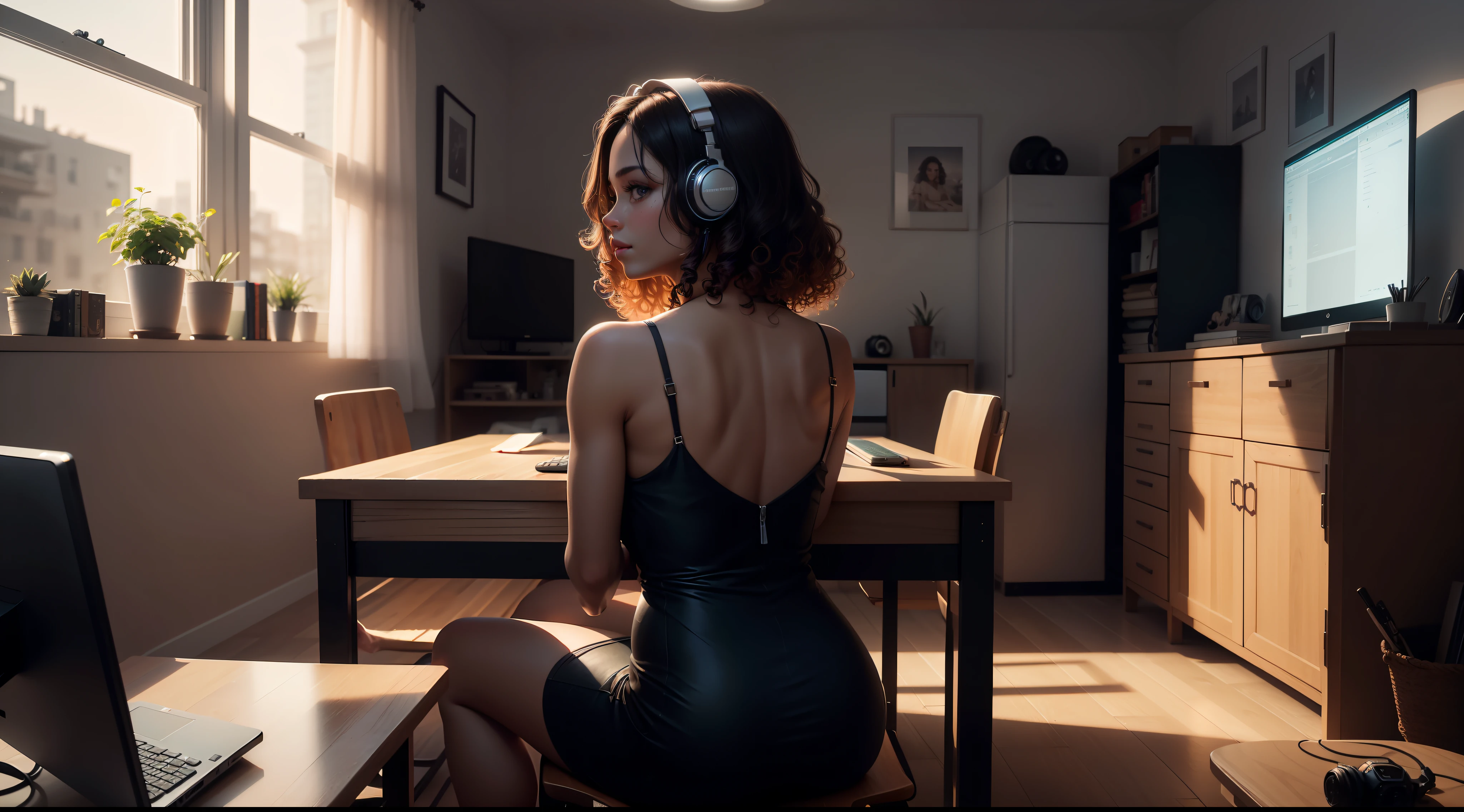 Portrait of a beautiful Brazilian girl, (dark skin tone: 1.3), (((full body))), ((back to back)), ((curly hair)), in bedroom, ((sitting on chair at table with computer )), ((staring at the computer)), (headphones), ((facing a large window)), (looking at the window in front of her),(wearing a dress), realistic, high definition, texture ultra-hd skin and hair, (night), ultra-hd, digital, cinematic lighting, panoramic perspective, extremely detailed, intricate, 8k