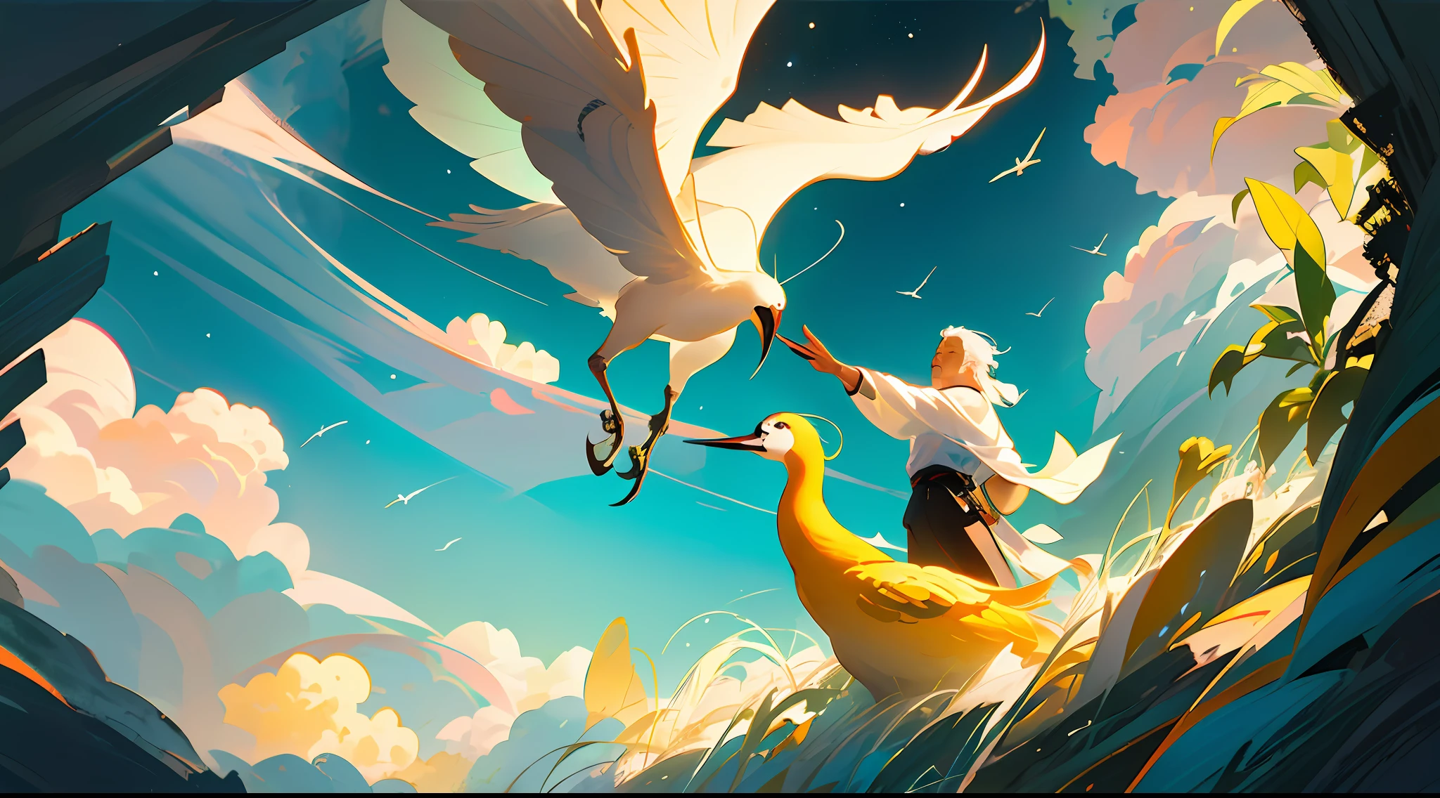 Wuhan Yellow Crane Tower, the old man flies into the sky with a yellow crane, the blue sky and white clouds on the Yangtze River, movies, surrealism, soft light, deep field focus bokeh, ray tracing and surrealism