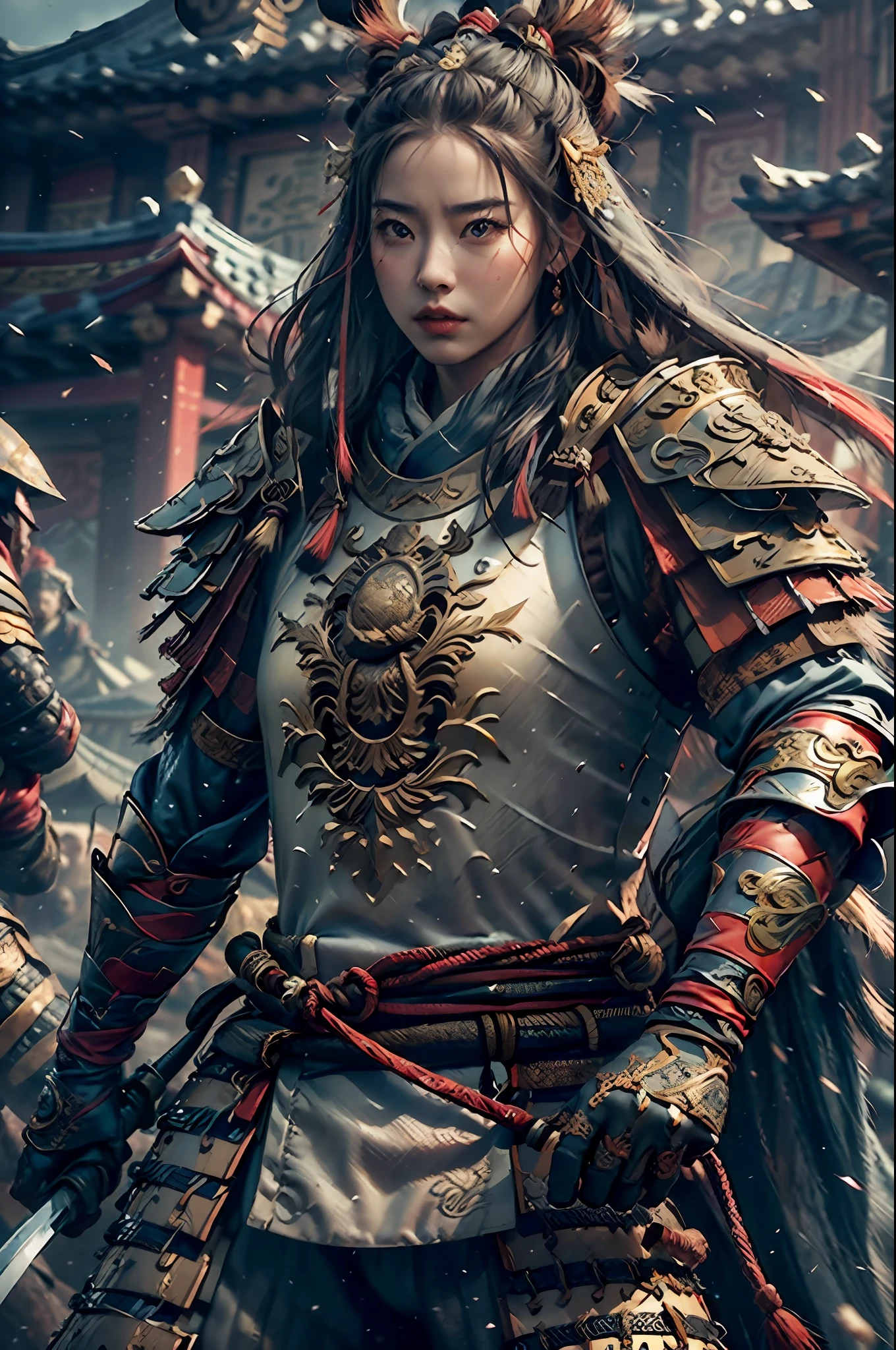 ((Masterpiece))), ((Best Quality))), ((Ultra Detailed)), (Ultra Realistic), (Highly Detailed CG Illustration), Cinematic Light, Realistic, A Woman Mulan, Woman Dressed as Men, Wearing Armor, Extremely Agile Warrior, Fitness, Intricate EABA Details, Long Sword