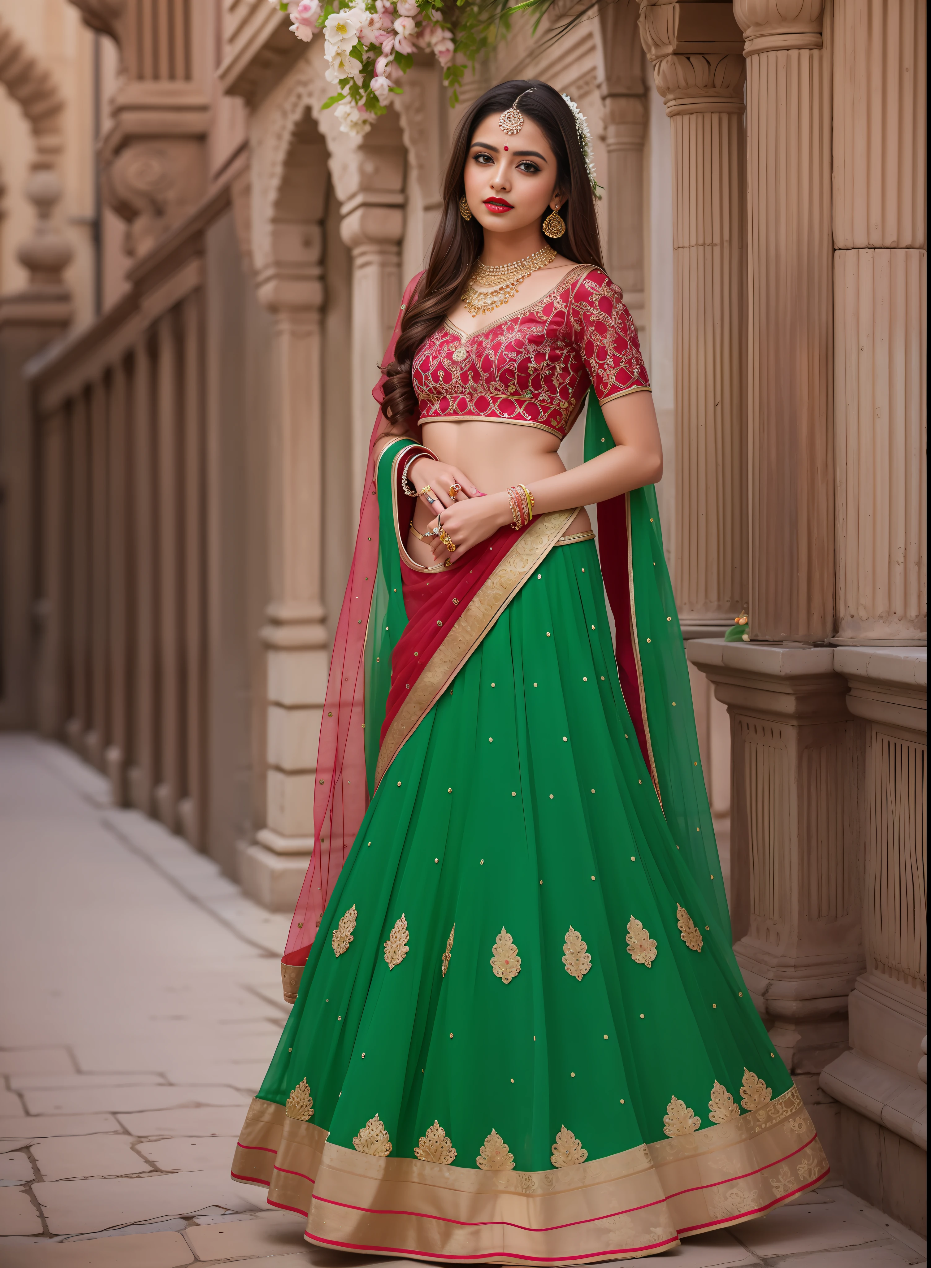 photorealistic, award winning, hyperrealistic, highly detailed, analog photo, film grain, (full body shot:1.2)
girl in brown hair, green eyes, wearing intricate lace red lehenga choli, red lipstick, jewelries, necklace, looking past camera, hair ornaments, jasmine flowers on hair