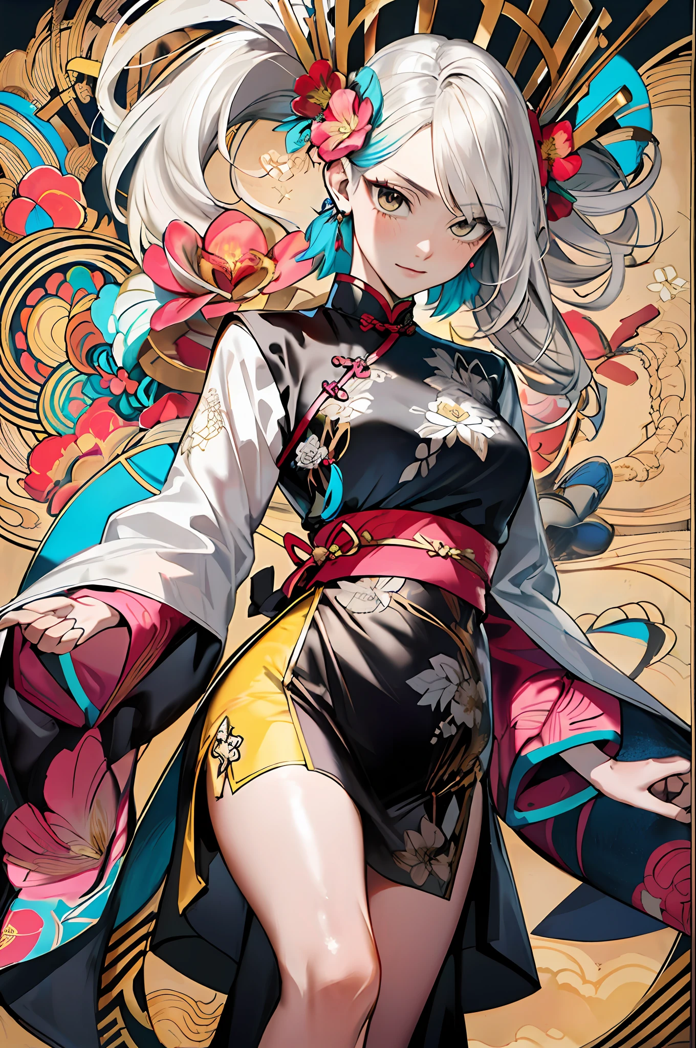(masterpiece:1.2, best quality), (zentangle:1.2), (dynamic pose), (abstract background:1.5), (traditional dress:1.2), short platinum blonde, 1lady, wide hips, (shiny skin), multiple colors, upper body, ( from Below), bare legs, dynamic pose, bright yellow embroidered Chinese cheongsam, long skirt, embroidery, pattern, stunning floral art