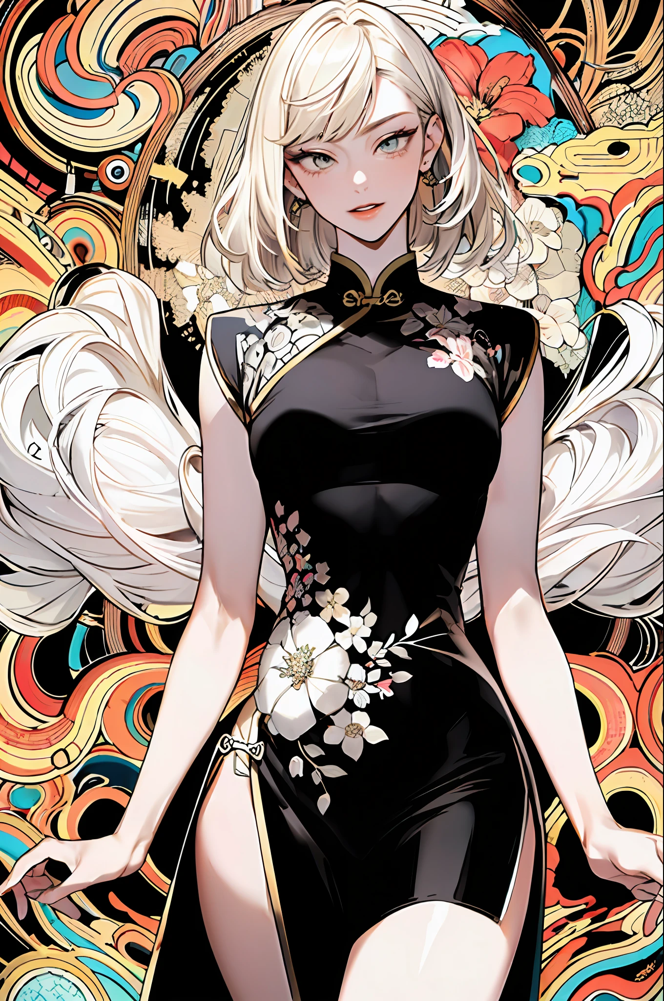 (masterpiece:1.2, best quality), (zentangle:1.2), (dynamic pose), (abstract background:1.5), (traditional dress:1.2), short platinum blonde, 1lady, wide hips, (shiny skin), multiple colors, upper body, ( from Below), bare legs, dynamic pose, bright yellow embroidered Chinese cheongsam, long skirt, embroidery, pattern, stunning floral art