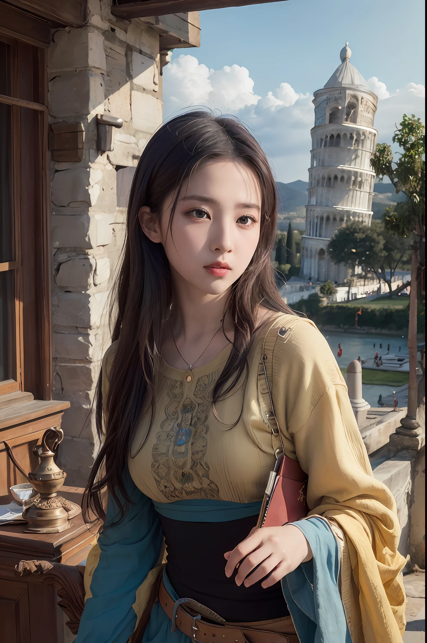 (8k, best quality, masterpiece:1.2), (realistic, photorealistic, photo-realistic:1.37),(Leaning Tower Of Pisa background),navel,ultra-detailed,
beautiful detailed eyes, beautiful detailed nose,RAW, masterpiece, best quality,