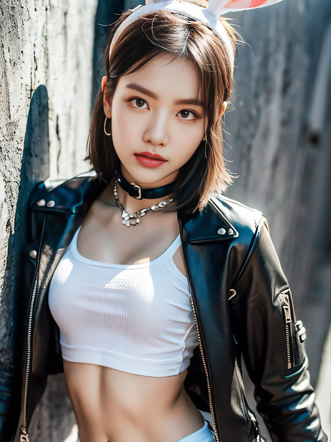 Kim Ji-ni Jennie face, wearing a rabbit headband, wearing a slim white shirt, a short motorcycle vest, tight shorts, gloves, background gray wall, strong contrast, sunlight on the face