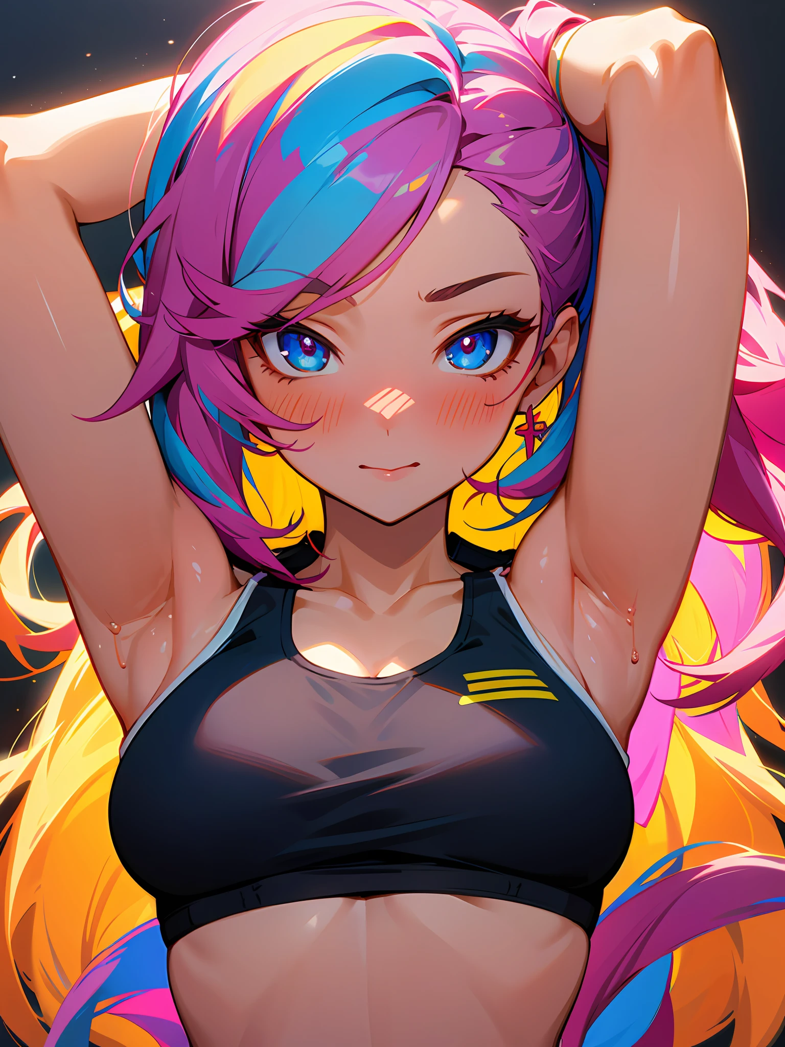 1girl, solo, medium boobs,sports bra,cute, looking at viewer, pov, upper body, arms up, arms behind head, close up, intimate, blushing,expressive eyes, perfect face, masterpiece,digital art, high details, sensual, teasing, sexy, colorfull,