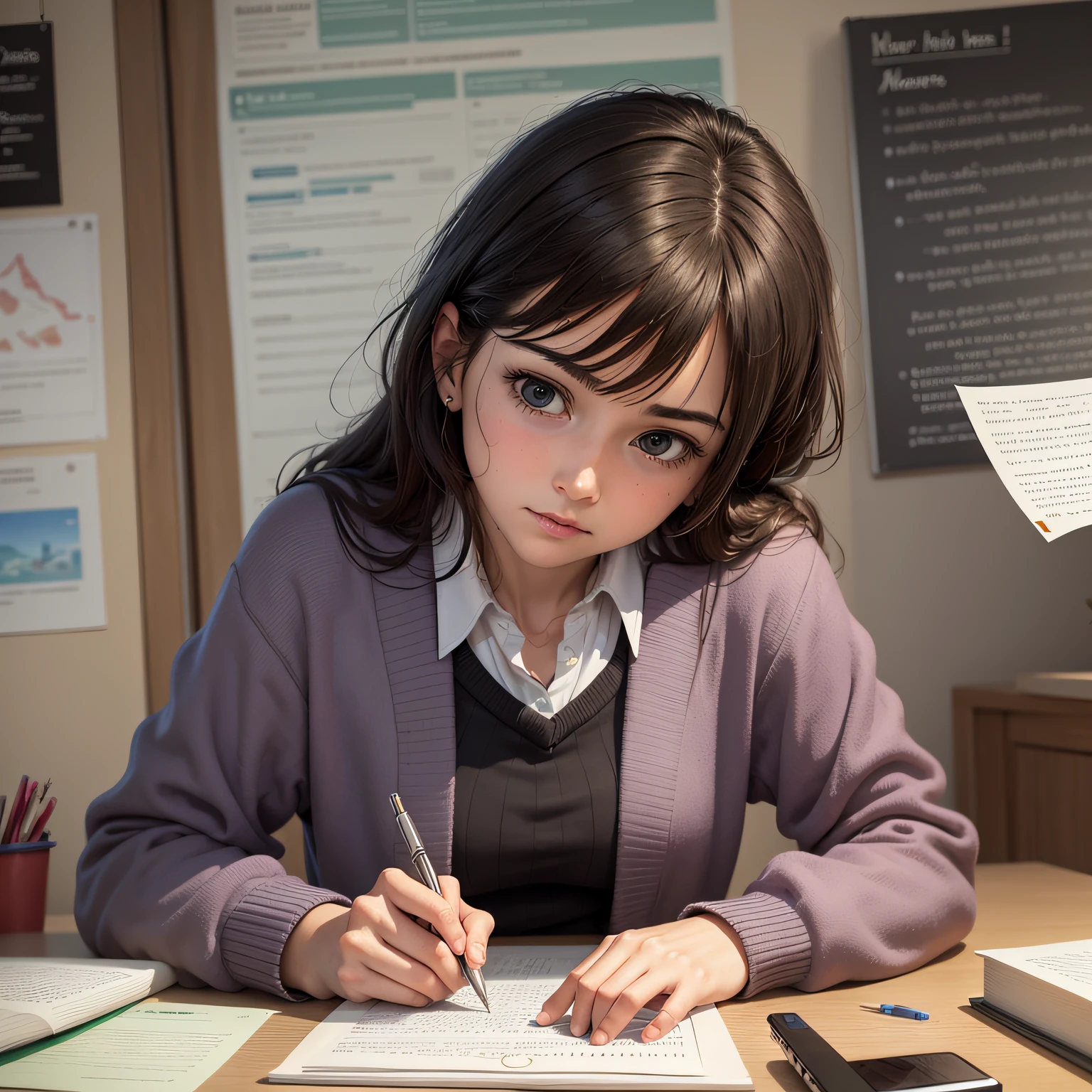 Draw a promotional poster with the theme of "Counterattack and Struggle" of female students: the figure is a junior high school female student studying hard, surrounded by bookshelf desks and various study books, and the painting needs to add the two very popular style Chinese Chinese characters "Counterattack". --auto