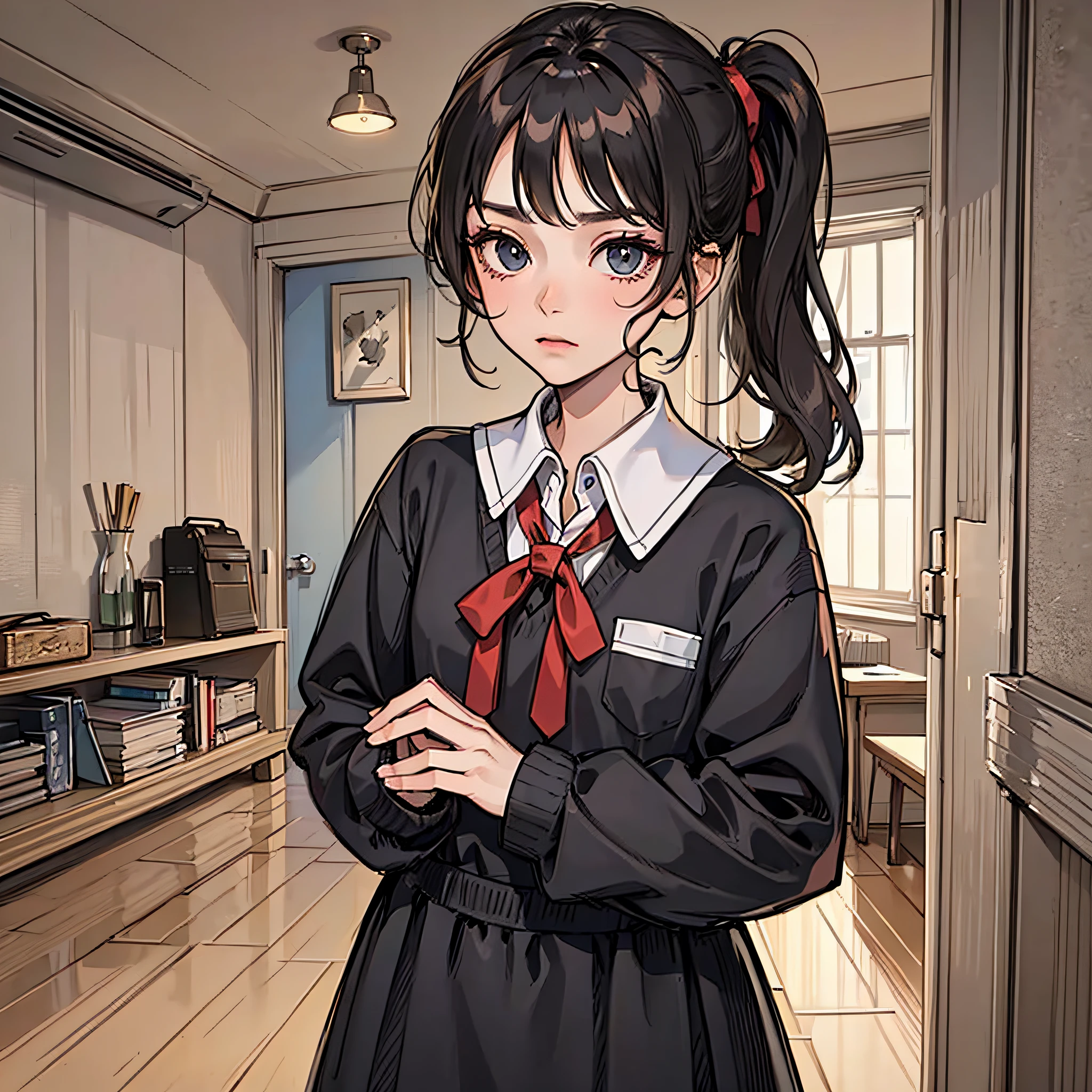A girl with a black ponytail, wearing a white school uniform, walked into the house with a dull expression