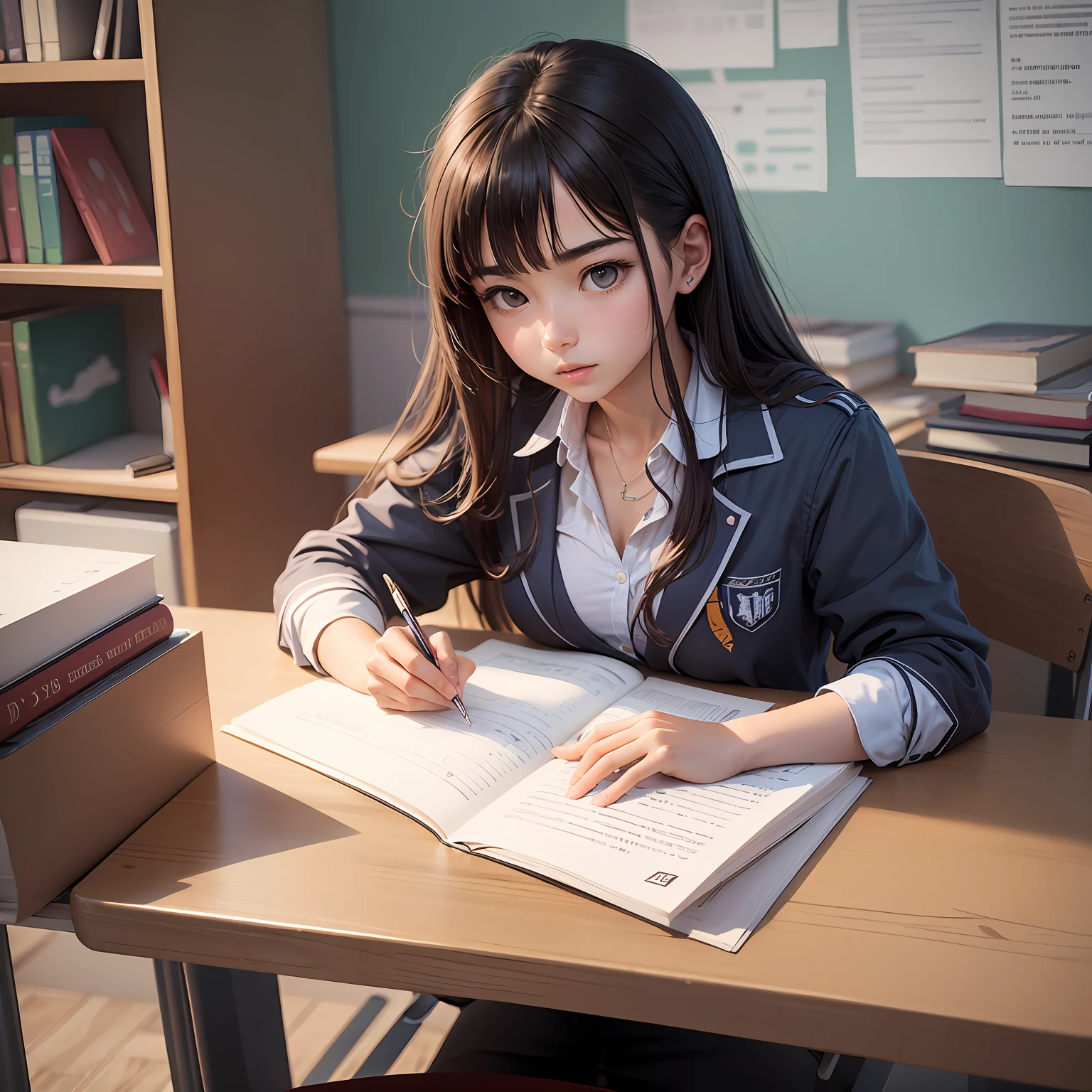 Draw a promotional poster with the theme of "Counterattack and Struggle" of female students: the figure is a high schoole student studying hard, surrounded by bookshelf desks and various study books, and the painting needs to add the two very popular style Chinese Chinese characters "Counterattack". --auto