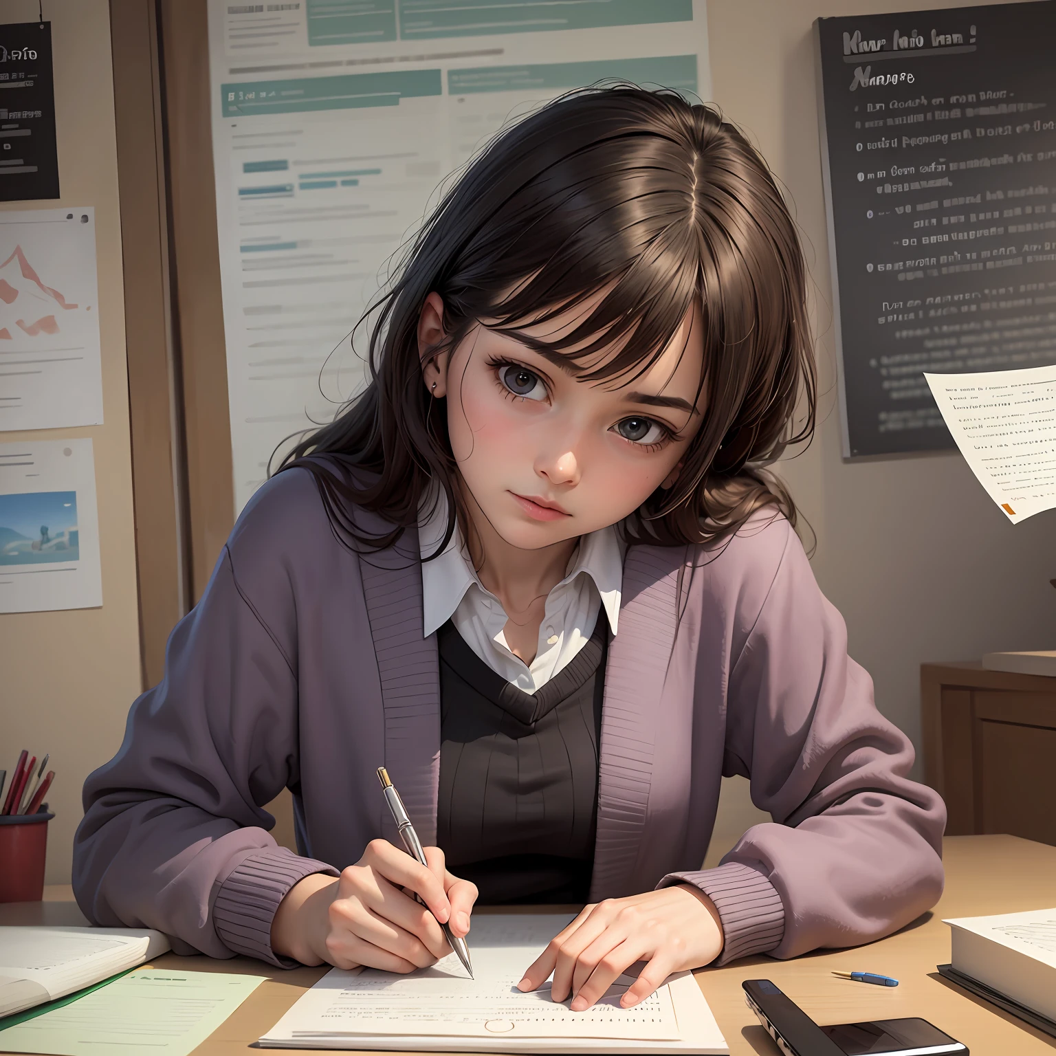 Draw a promotional poster with the theme of "Counterattack and Struggle" of female students: the figure is a junior high school female student studying hard, surrounded by bookshelf desks and various study books, and the painting needs to add the two very popular style Chinese Chinese characters "Counterattack". --auto
