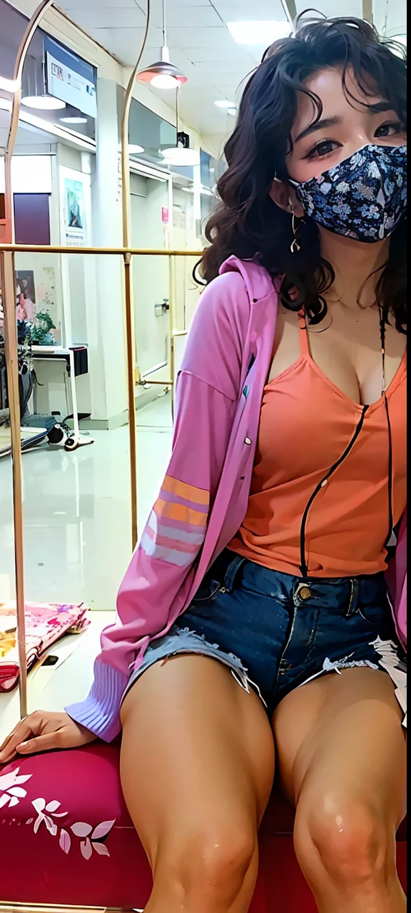 there is a hot latino light eboby skin women sitting on a bench wearing mass, wearing a pink hoodie, outfit photo, dora the explorer as real girl, pink clothes, pink girl, pink and orange, leaked photo, wearing a camisole and ???? shorts, pink and orange colors, 20-year-old woman from cuba, pink vibe, some pink, pose 4 of 1 6, afro curly hair, thicc tights, almost mid size ?????, NSWF Doujin ?????? Anime +18 Art Style