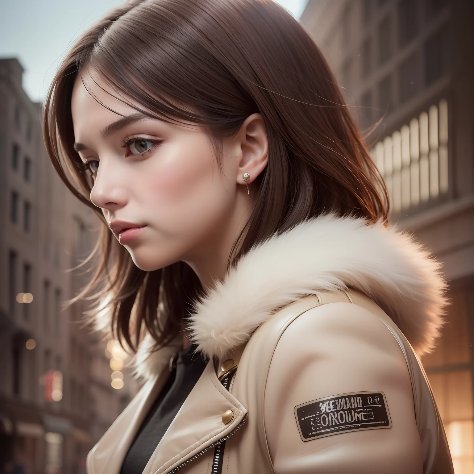 photo realism, half body portrait of a young woman, 20 years old. beautiful realistic eyes; fantastic face, Caucasian, beautiful look, leather jacket, Storybook style, warm dreamy lighting at sunset, city background, volumetric lighting, pulp adventure style, fluid acrylic, dynamic gradients, vivid color, highly detailed vector curves, simple, smooth and clean, vector art, smooth, character design, cinematic, ornate patterns, elegant organic framing, hype realism, masterpiece, lush vivid colors