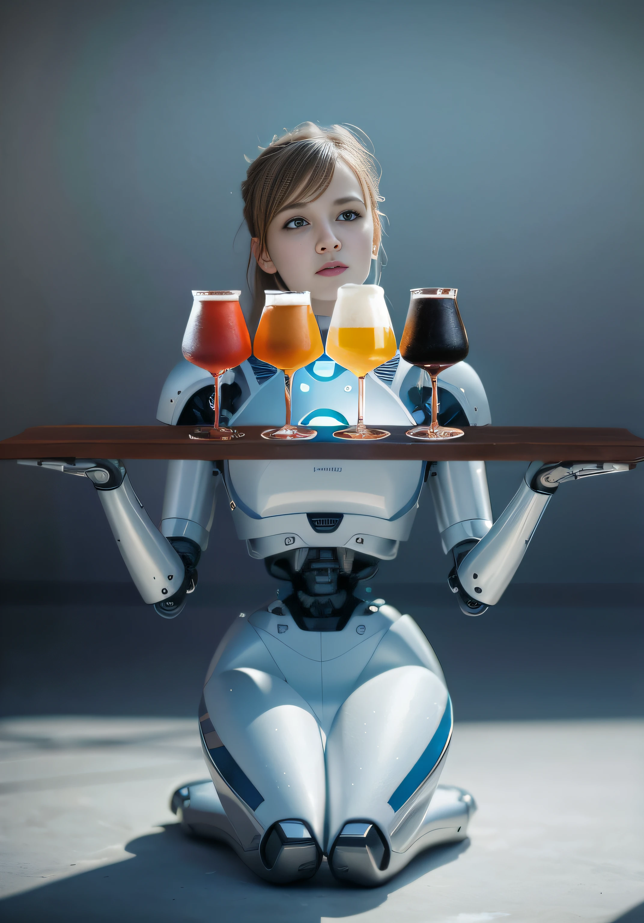 Alafard kneeling robot holding a wooden pallet with four beers, 4 glasses of beer, simple background, biomechanical oppai, cyberpunk advertising, ((robot robot)), glass robot, integrated synthetic robot, Last Supper realistic robot, cyborg aristocratic woman, augmented cyborg, beautiful seductive female cyborg, retro futuristic female robot, cyborg girl, complex 3d Render highly detailed beautiful ceramic silhouette female robot face, robot, robot parts, 150 mm, beautiful studio soft light, edge light, vibrant details, luxury cyberpunk, lace, surrealism, ???????, facial muscles, cables, microchips, elegant, beautiful background, octane rendering, HR Giger style, 8k, best quality, masterpiece, illustration, very refined and beautiful, very detailed, CG, uniform, wallpaper, (fidelity, fidelity: 1.37), Amazing, fine details, masterpiece, best quality, official art, very detailed CG unified 8k wallpaper, ridiculous, incredibly ridiculous, robot, silver helmet, full body, sitting to write