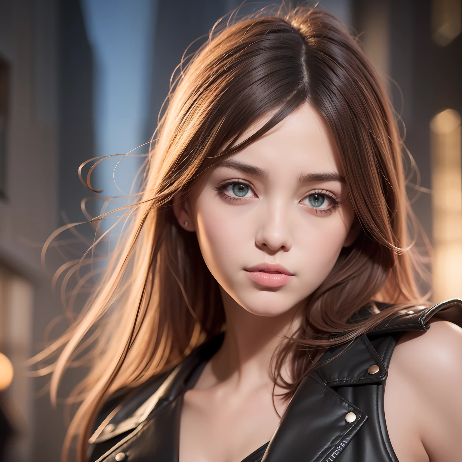 photo realism, half body portrait of a young woman, 20 years old. beautiful realistic eyes; fantastic face, Caucasian, beautiful look, leather jacket, Storybook style, warm dreamy lighting at sunset, city background, volumetric lighting, pulp adventure style, fluid acrylic, dynamic gradients, vivid color, highly detailed vector curves, simple, smooth and clean, vector art, smooth, character design, cinematic, ornate patterns, elegant organic framing, hype realism, masterpiece, lush vivid colors