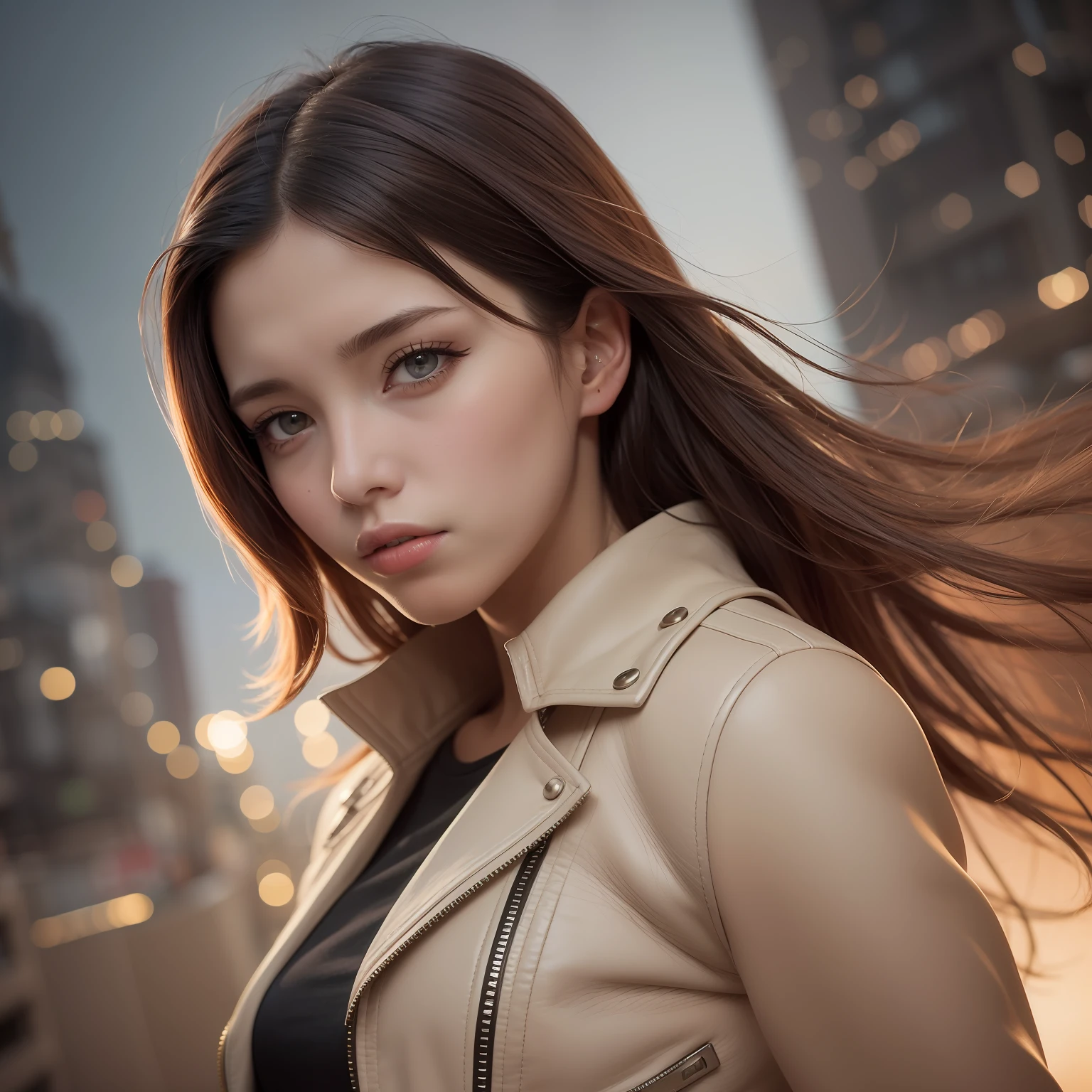 photo realism, half body portrait of a young woman, 20 years old. beautiful realistic eyes; fantastic face, Caucasian, beautiful look, leather jacket, Storybook style, warm dreamy lighting at sunset, city background, volumetric lighting, pulp adventure style, fluid acrylic, dynamic gradients, vivid color, highly detailed vector curves, simple, smooth and clean, vector art, smooth, character design, cinematic, ornate patterns, elegant organic framing, hype realism, masterpiece, lush vivid colors