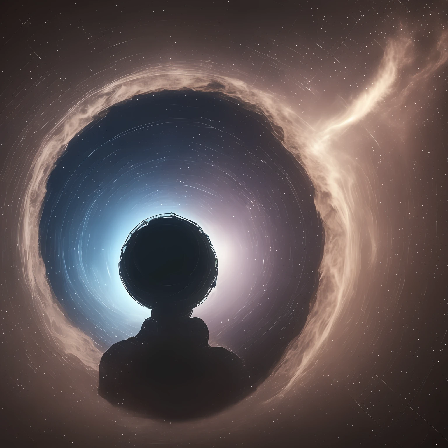 image of a person standing in a hole there is a black hole in the center of the image, there are gravitational waves around the black hole and there are gamma-ray burst rays emitted by the hole negro.com a bright light coming out, portal to another universe, portal to outer space, luminous portal of the black hole, portal into space, Open portal to another dimension, interstellar infinite portal, portal to another dimension, dimensional portal, black hole time portal, astronaut lost in liminal space, majestic interstellar portal