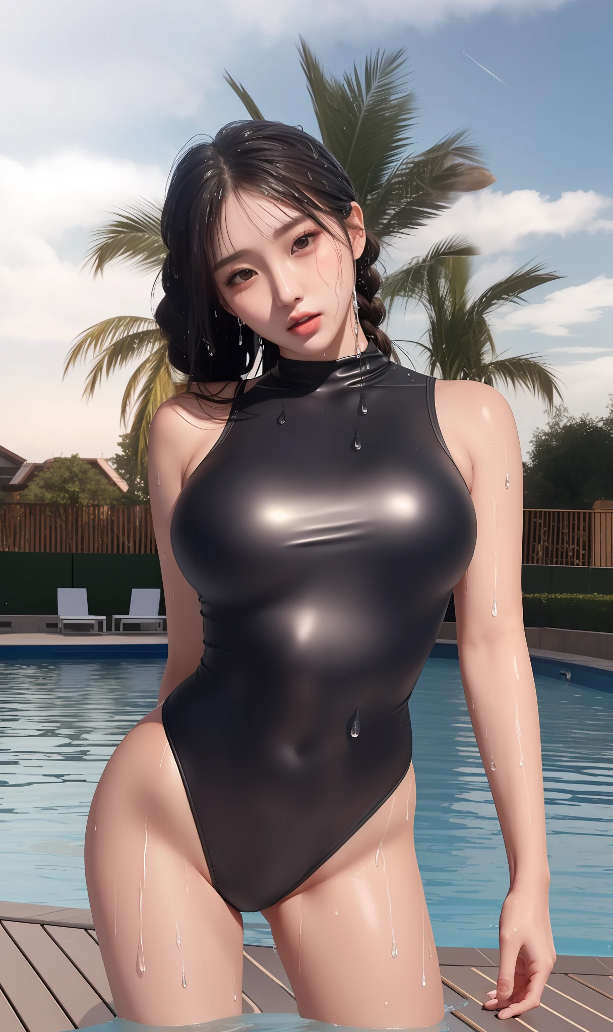 An Idol k-pop girl, cute face, braid hair, intricate face details, detailed face, golden ratio face, ((big breasts:1, slim waist, big butt, big hip, big thighs)), (intricate hands, intricate feets), full body, 64K, UHD, HDR, global illumination, (high quality, high detailed, hyper detailed, extremely detailed), photo realistic, ultra realistic, art photo, (clarify the details, detailed parts body), intricate artwork masterpiece, trending on artstation, (lewd face), tight clothes, wearing swimsuit, ((wet skin, wet clothes, waters drops on the skin)), pool background
