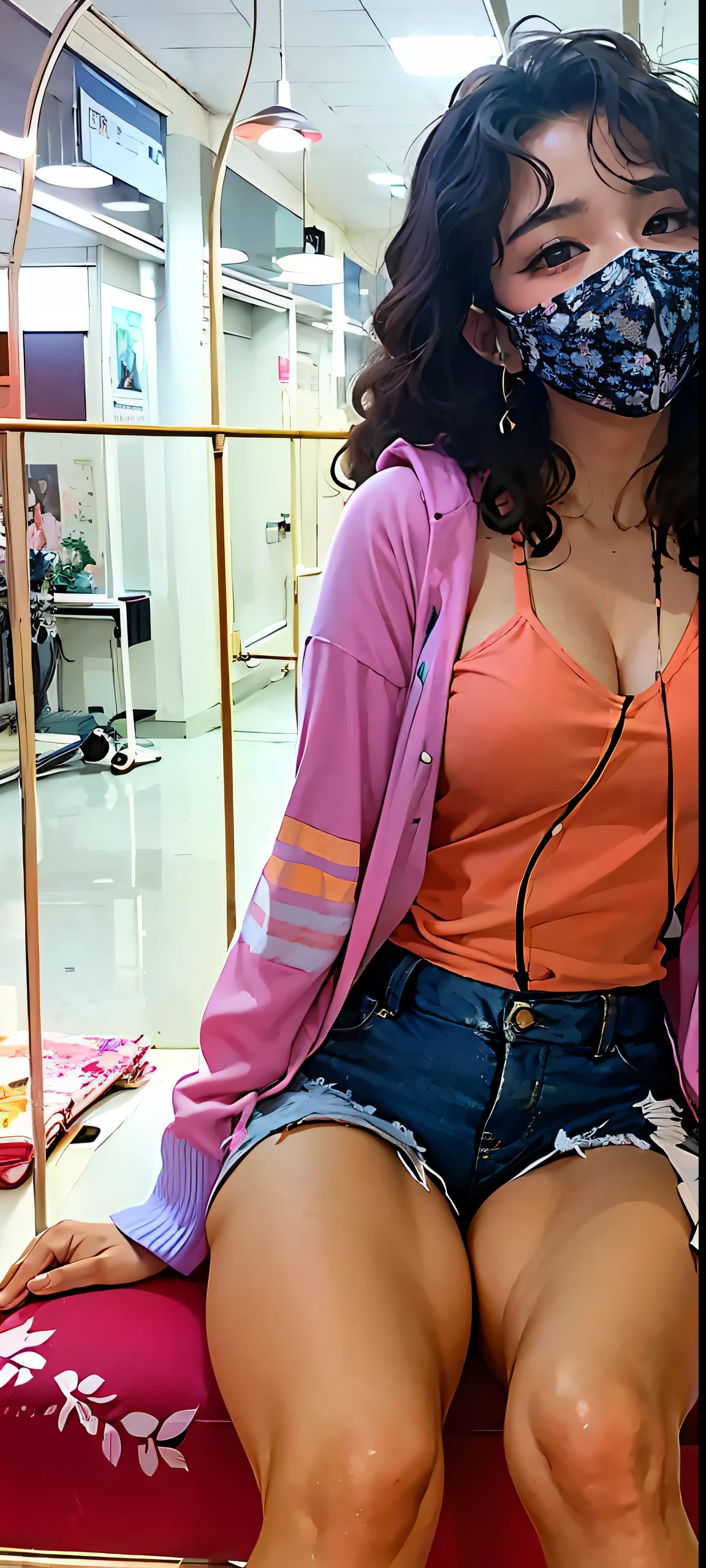 there is a hot latino light eboby skin women sitting on a bench wearing mass, wearing a pink hoodie, outfit photo, dora the explorer as real girl, pink clothes, pink girl, pink and orange, leaked photo, wearing a camisole and sexy shorts, pink and orange colors, 20-year-old woman from cuba, pink vibe, some pink, pose 4 of 1 6, afro curly hair, thicc tights, almost mid size boobs, NSWF Doujin Hentai Anime +18 Art Style