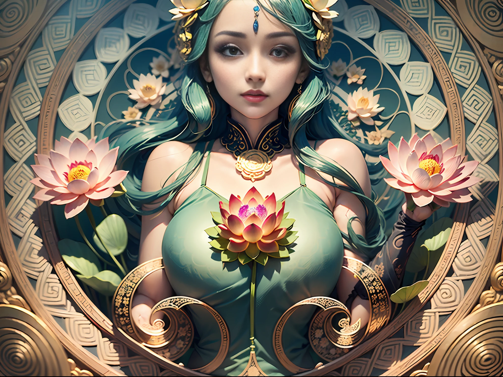 ((Masterpiece), (Best Quality), 8K, High Detail, Ultra Detail), (Great Auspicious Lotus, Double Petal Lotus, Concentric Lotus, Flat Flower, Light Color, Shuimobysim, Intricate Patterns, Tranquil Beauty)