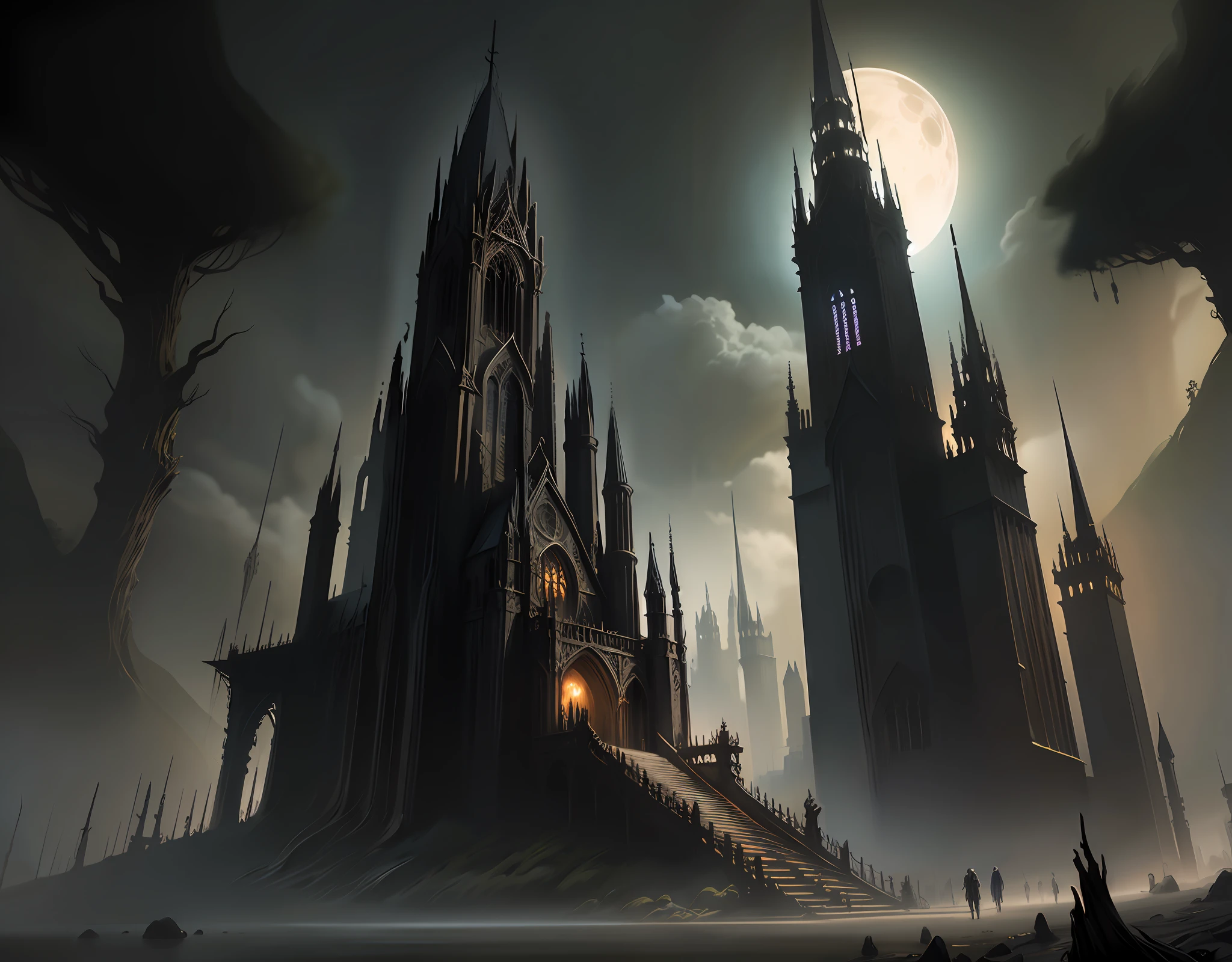 GothicHorrorAI cathedral , stylized, (architecture), landscape, (haunted, desolate, night, dark), (GothicHorrorAI fractals)