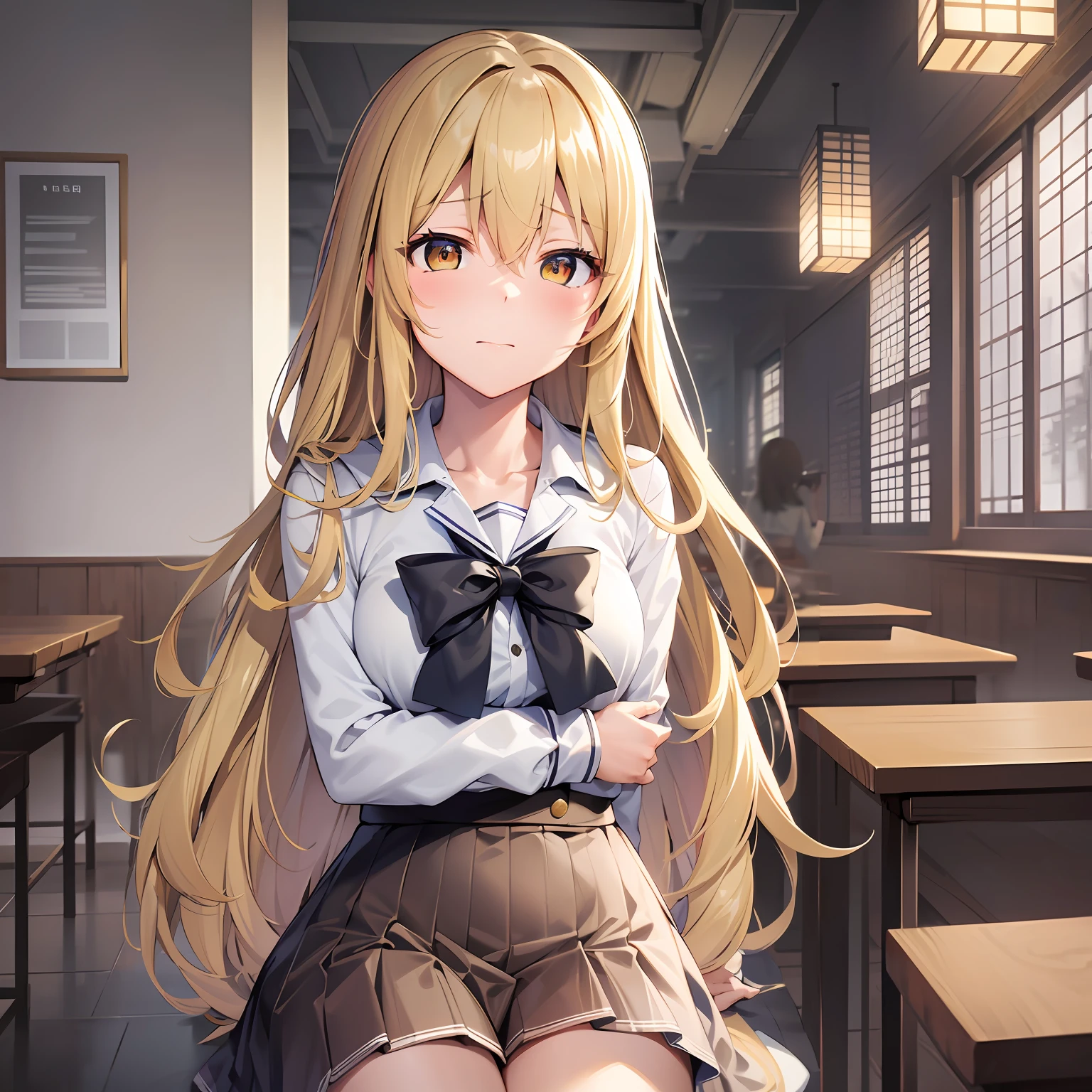 anime girl, big boobs, blonde hair color, green color right eye, purple colored left eye, ((background classroom full of students around the desk)), looking from afar at you, super angry --auto