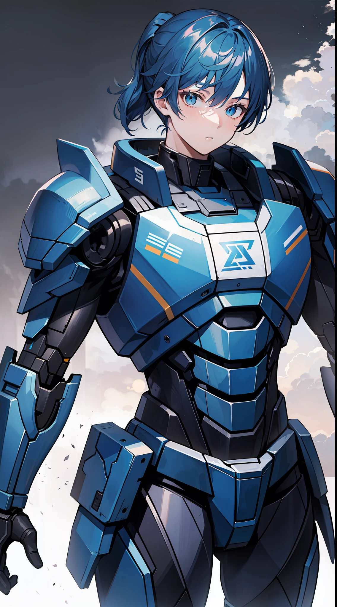 Adult guy, short blue hair, high ponytail, blue eyes, Autobot armor, masterpiece, high quality