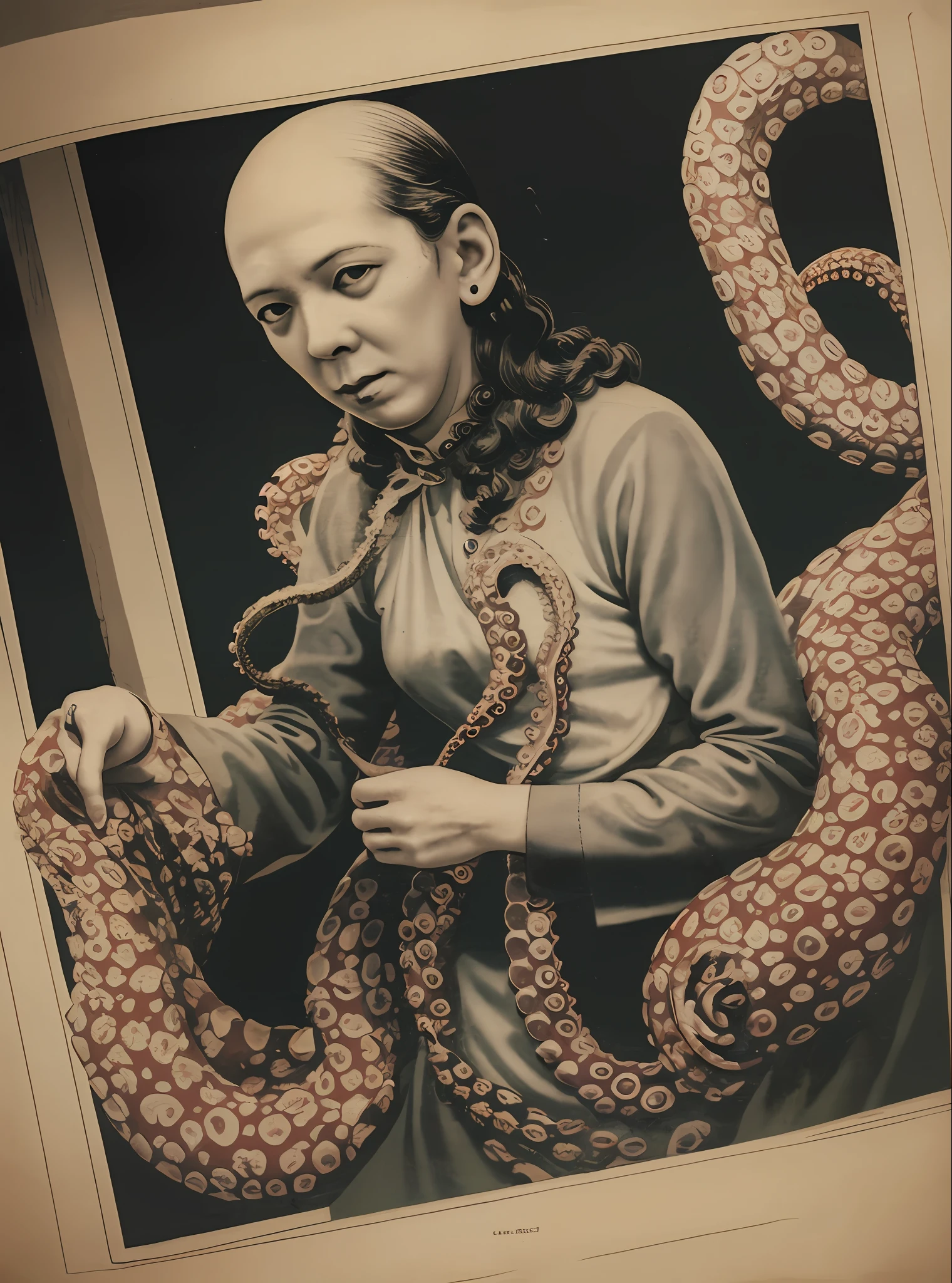 (octopus), vintage poster,
Horror, creepy, dark tones, illustration, black and white, tattoagem, H.P Lovecraft, mysterious aspects