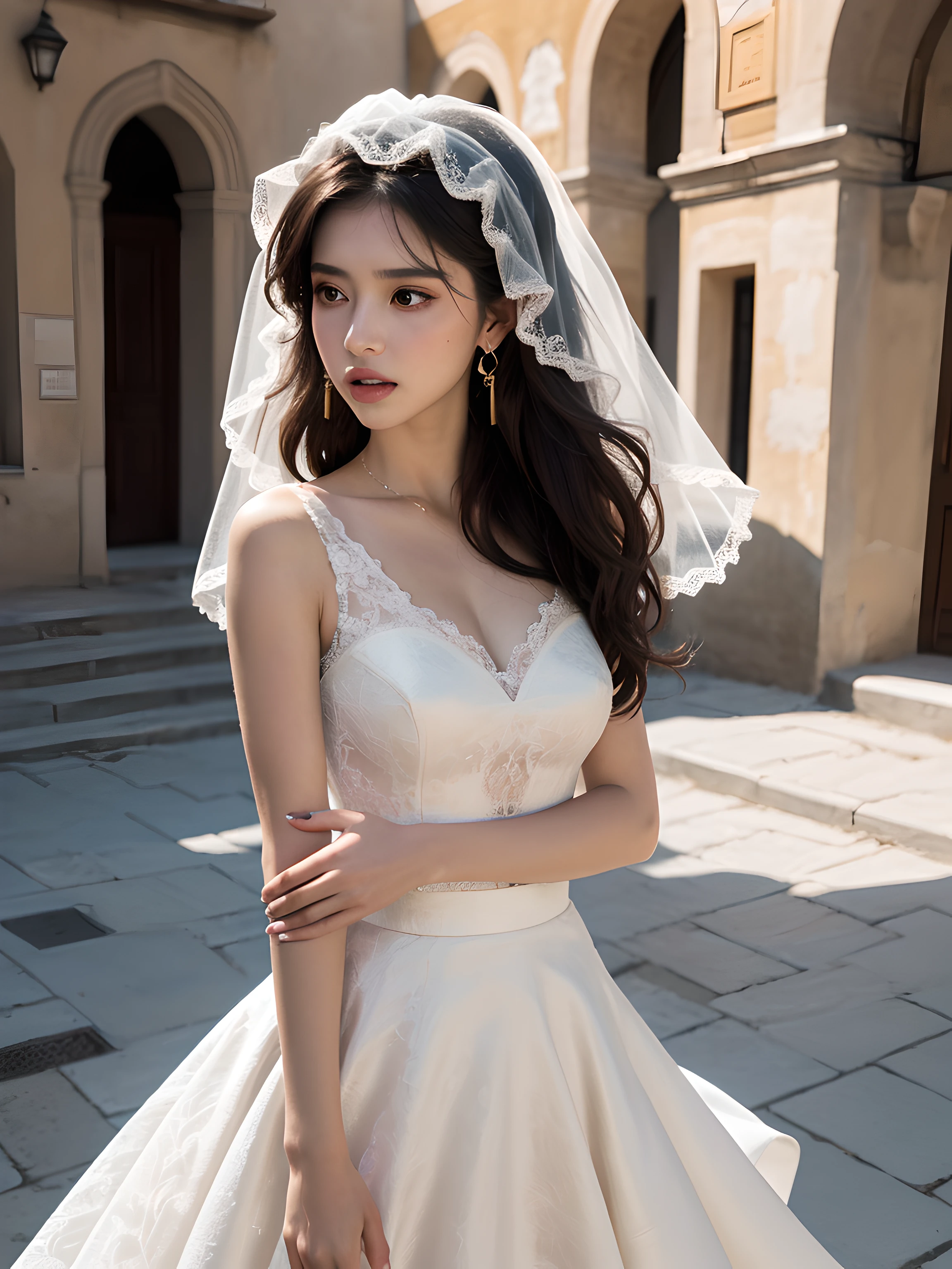 (masterpiece), (portrait), (aesthetic), (beautiful), (upper blody), (high quality), (aesthetic clothings), (professional angle), (rule of thirds), (Feminine), (woman), (female), (beautiful),(feminine features), (21 years), solo, 1 woman, (attractive Spanish), Summer, (Sunlit Courtyard), (Afternoon), (Golden light), ((Flamenco Bride)), (Holding a Fan Hands), ((Looking Sideways Face)), ((Passionate)), (Dramatic Make-up), (Ample Bust), (Mantilla Veil, Earrings), ((Long Hair)), (Dark Brown Hair), (Wavy Hair), (Loose Curls hair), (- in Hair), (Wide Open Eyes), (Brown Eyes), (Exquisite Look), Olive skin, (High Quality Clothing), (Lace Mermaid Dress), (White wedding dress), (Flared Skirt ), (Boat Neck Neckline), ((Spanish Courtyard background)), (Wide Shot Shot), beautiful hands, two hands, normal hands, two arms, complete hands, beautiful body, beautiful fingers, normal fingers, five fingers, five fingers, beautiful ears, normal ears, beautiful eyes, shiny eyes, beautiful mouth, beautiful lips,