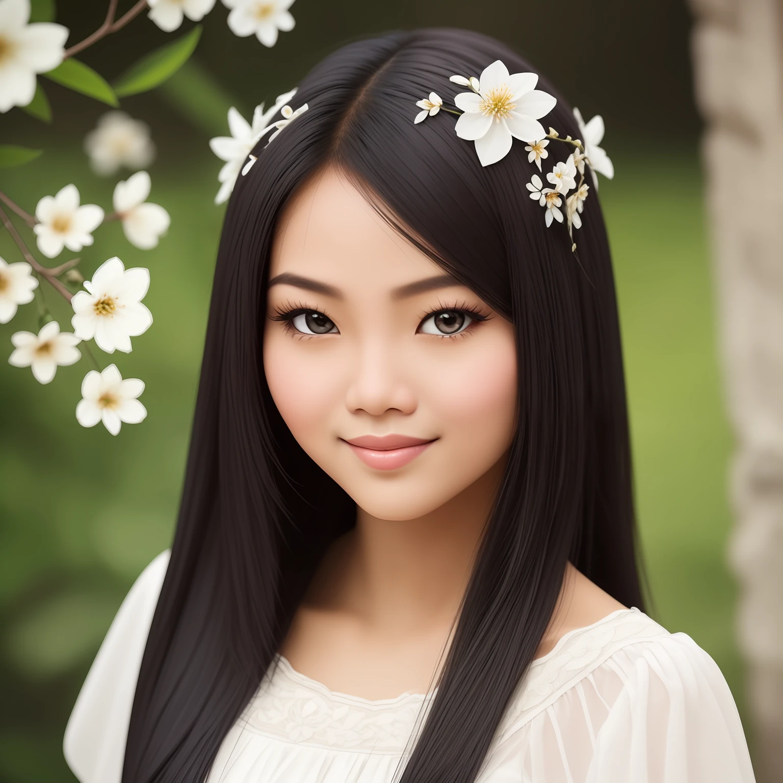 /imagine prompt: A portrait of a simple and beautiful conservative Filipina with almond-shaped eyes, long flowing black hair adorned with delicate white flowers, wearing a traditional Maria Clara dress intricately embroidered with floral patterns, her gentle smile reflecting warmth and grace, Photography, using a prime lens with a wide aperture to create a shallow depth of field and capture the subtle details of her features, --ar 3:4 --v 5 --auto