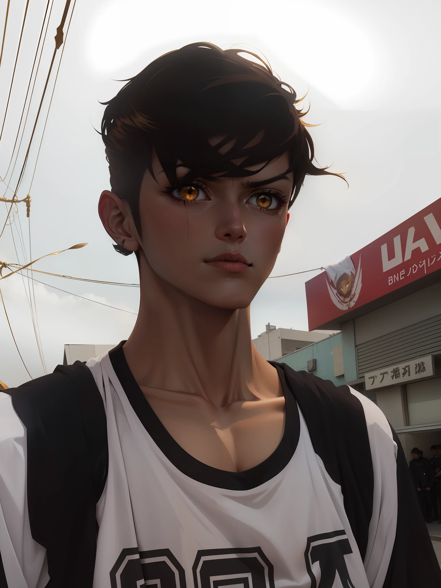 Change the background to something brighter and golden, the shirt leave more golden, leave with the golden eyes elegantly and turn into anime