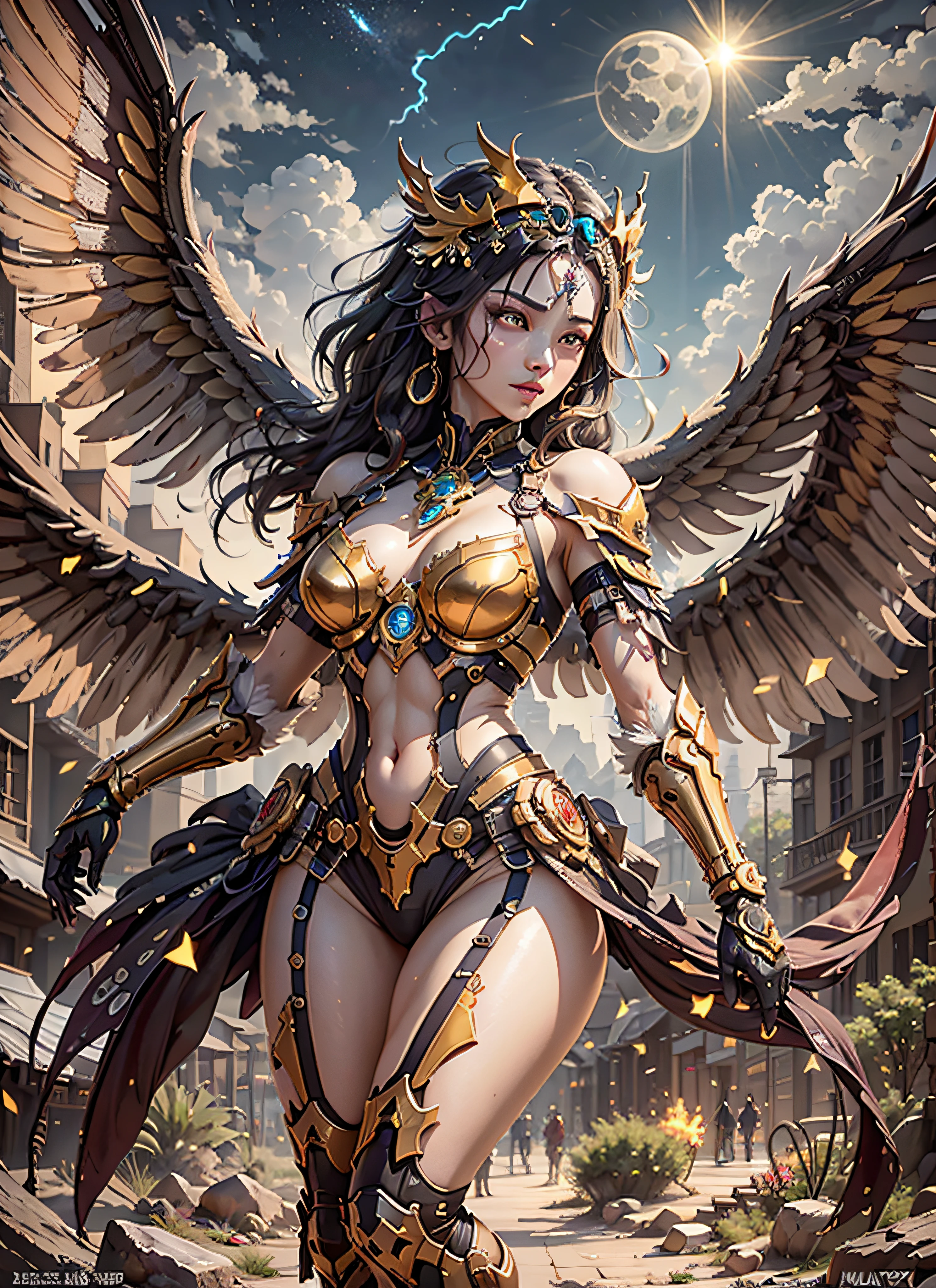 1girl, beautiful empress of the sun, detailed eyes, detailed face, detailed skin, mature body, tall body, seductive body, medium large chest, medium thigh, desert BREAK and pyramid bottoms, holding only a holy sun scepter, phoenix dragon in the sky, highly saturating sun rays, holy ceremony, angelic halo, dazzling golden and orange spark around, sacred magic circle, golden crown, golden majestic lightning, best quality, masterpiece, trend in art station, BREAK, detailed, realistic, highly detailed digital art 8k, octane rendering, bioluminescent, concept art resolution BREAK 8K, realism, by studios Mappa, masterpiece, best quality, official art, illustration, ligne claire, (cool_color), perfect composition, absurdists, fantasy, focused, full body in attack pose, night sky with clouds, full moon