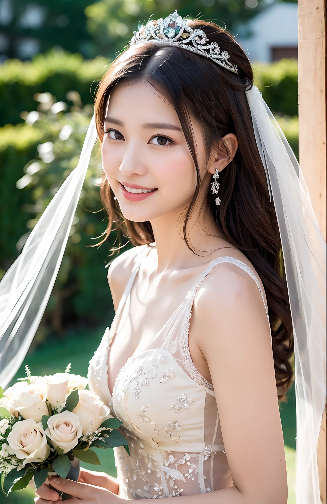 Turbulent posture, (very delicate and beautiful work), (masterpiece), 1girl, girl in a wedding dress with a tiara on her head, in front of the church, veil, lace, throwing a bouquet up, high definition, ridiculous, charming expression, smile, beautiful clear eyes, green eyes, delicate necklace, delicate earrings, whole body, various poses, simple background blur, ultra-fine depiction, beautiful, charming, ultra-fine painting, Delicate face, delicate figure, slender collarbone, lovely lips, beauty big, soft back, mix4, (8k, RAW photo, best quality), masterpiece: 1.2), (realistic, photorealistic: 1.37), one girl, cute, professional lighting, photon mapping, radiosity, physically based rendering