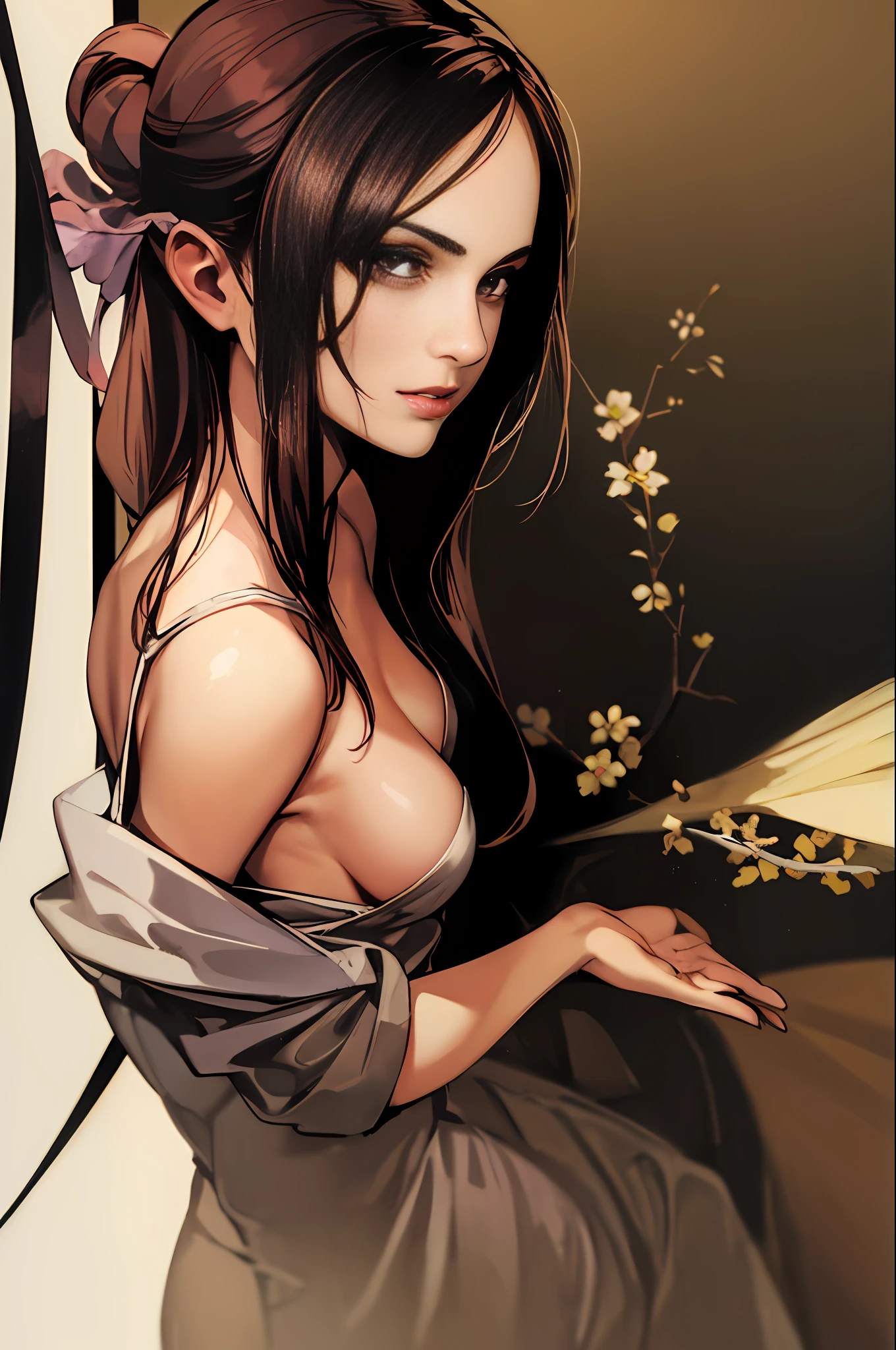 A perfect woman, perfect anime woman, gentle and lovely mature and beautiful woman, underworld female BOSS, full body photo, special angle shooting, exquisite sexy collarbone, charming face, double eyelids, smart peach blossom eyes, pink lips, small upturned nose, bare shoulders, focused, exquisite face, ultra HD, super details, elegant posture, traditional hairstyle, transparent silk robe, majestic expression, slender and tall, big breasts, long legs, retro anime style