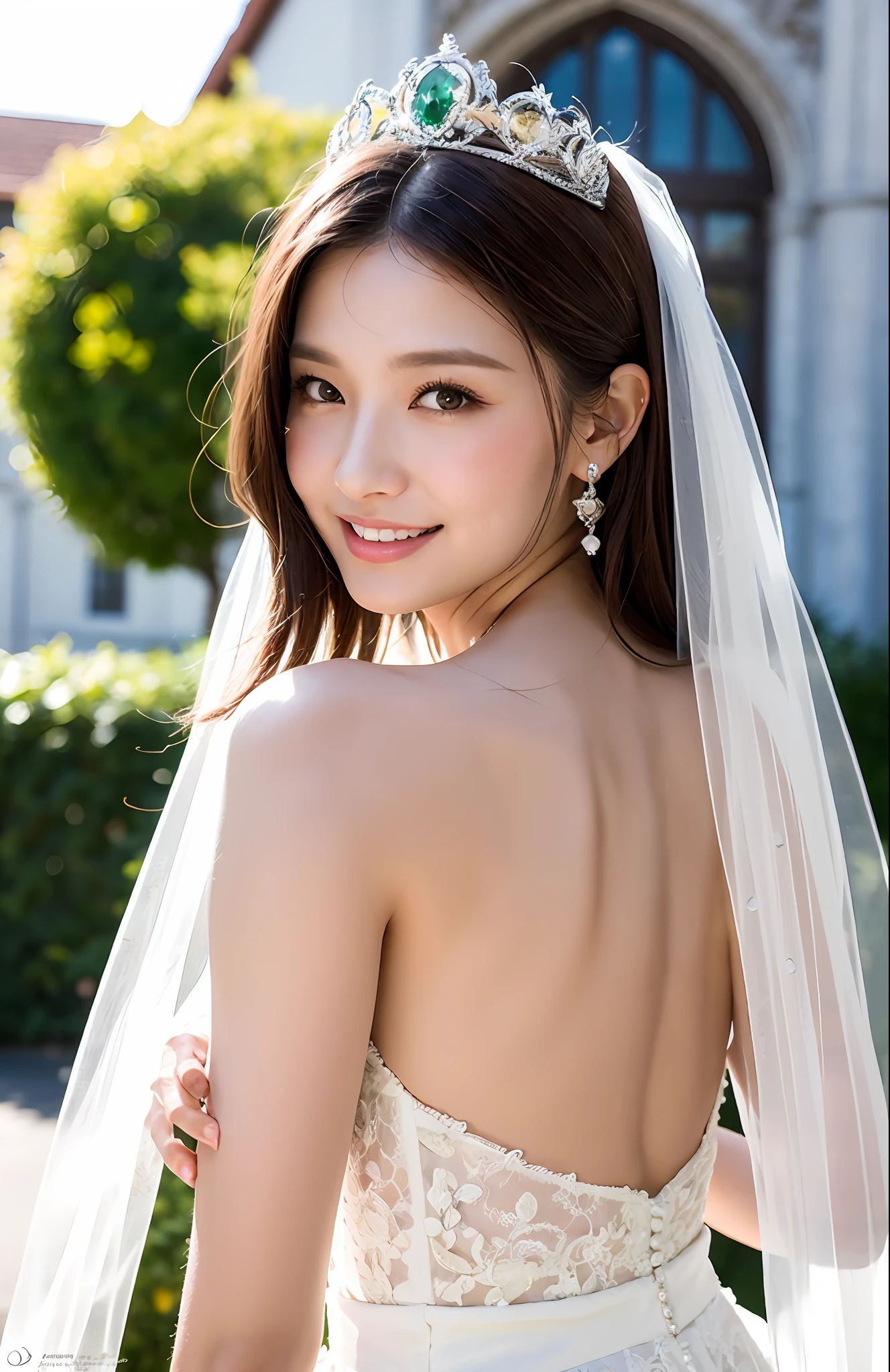 Turbulent posture, (very delicate and beautiful work), (masterpiece), 1girl, girl in a wedding dress with a tiara on her head, in front of the church, veil, lace, throwing a bouquet up, high definition, ridiculous, charming expression, smile, beautiful clear eyes, green eyes, delicate necklace, delicate earrings, whole body, various poses, simple background blur, ultra-fine depiction, beautiful, charming, ultra-fine painting, Delicate face, delicate figure, slender collarbone, lovely lips, beauty big, soft back, mix4, (8k, RAW photo, best quality), masterpiece: 1.2), (realistic, photorealistic: 1.37), one girl, cute, professional lighting, photon mapping, radiosity, physically based rendering