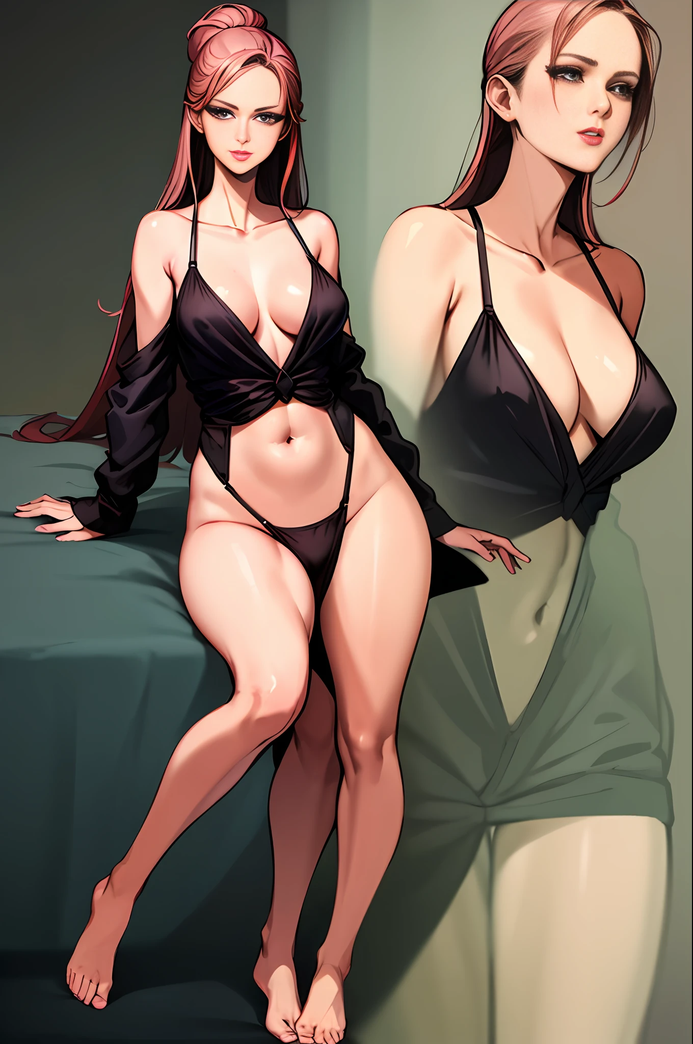 A perfect woman, perfect anime woman, gentle and lovely mature and beautiful woman, underworld female BOSS, full body photo, special angle shooting, exquisite sexy collarbone, charming face, double eyelids, smart peach blossom eyes, pink lips, small upturned nose, bare shoulders, focused, exquisite face, ultra HD, super details, elegant posture, traditional hairstyle, transparent silk robe, majestic expression, slender and tall, big breasts, long legs, retro anime style