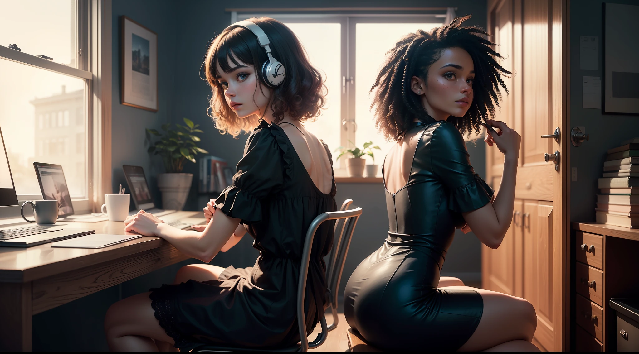 Portrait of a beautiful Brazilian girl, (black skin: 1.3), (((full body))), ((back to back)), ((curly hair)), in her bedroom, ((sitting on a chair at a table with a computer )), ((staring at the computer)), (headphones), ((facing a large window)), (looking at the window in front of her),(wearing a dress), realistic, high definition, texture ultra-hd skin and hair, (night), ultra-hd, digital, cinematic lighting, panoramic perspective, extremely detailed, intricate, 8k
