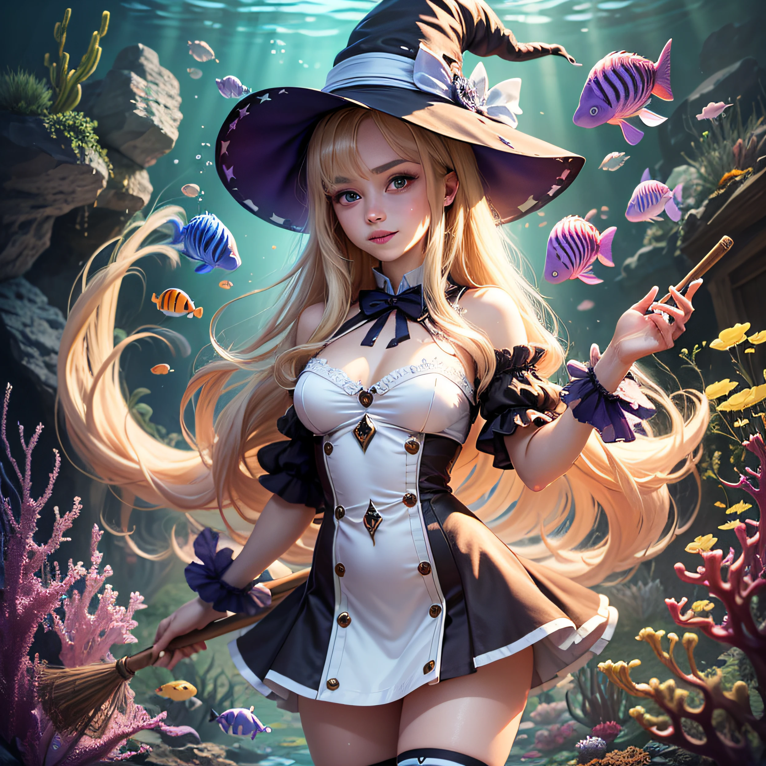 (masterpiece, best quality, detailed glossy skin: 1.2), flawless, 8k, RAW, highres,1girl, petite, medium breasts, long hair, blonde hair, (witch hat), (light smile), purple eyes, (star-shaped pupils), (underwater, algae, aquarium), looking at the viewer, solo, very short dress alice in wonderland, (camel's paw), (no panties), long socks, transparent white socks,  broom, floating, rim lights, cinematic lighting, ((splash water)), standing