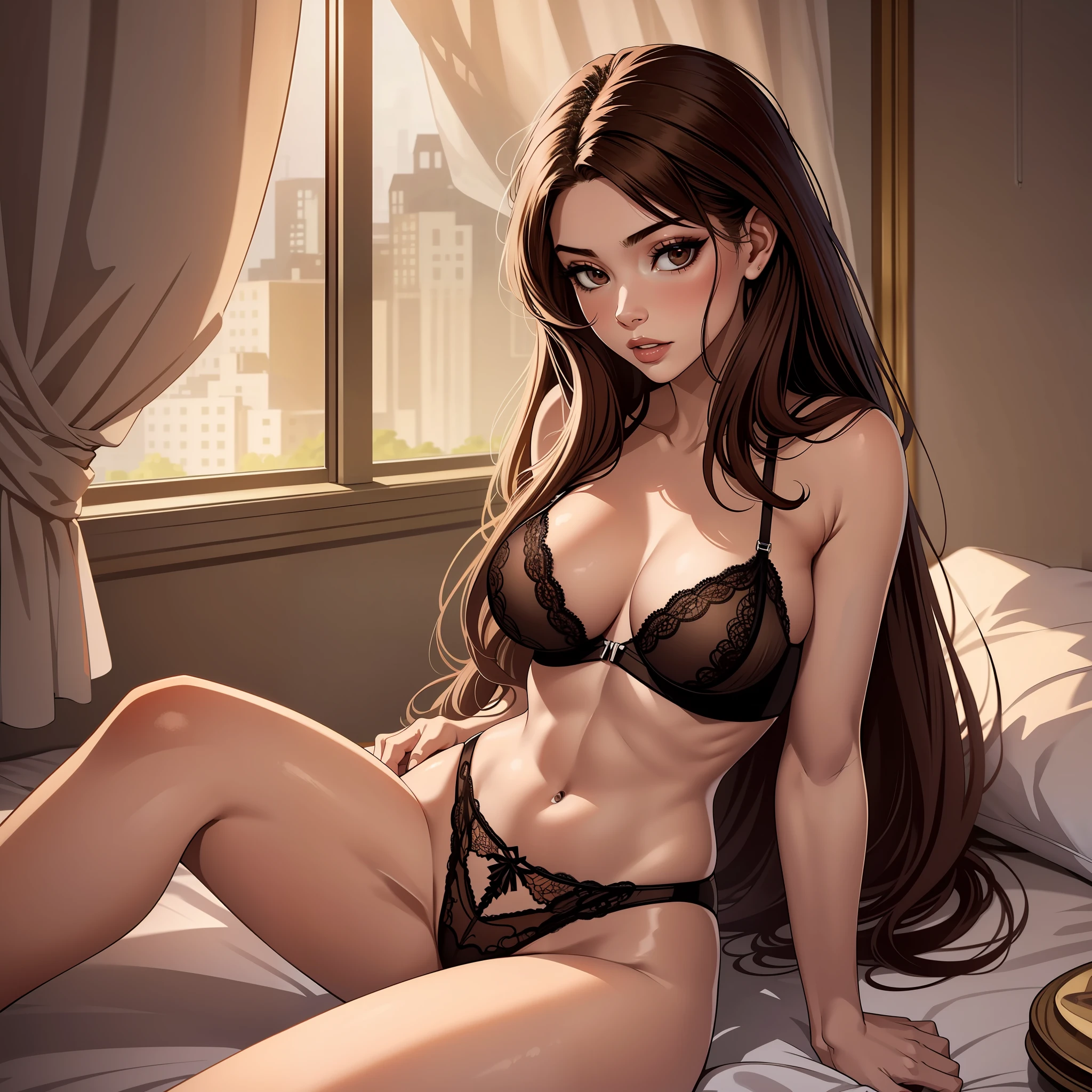 Hot woman, long hair, dressed only in lingerie inside the room, brown hair, brown eyes