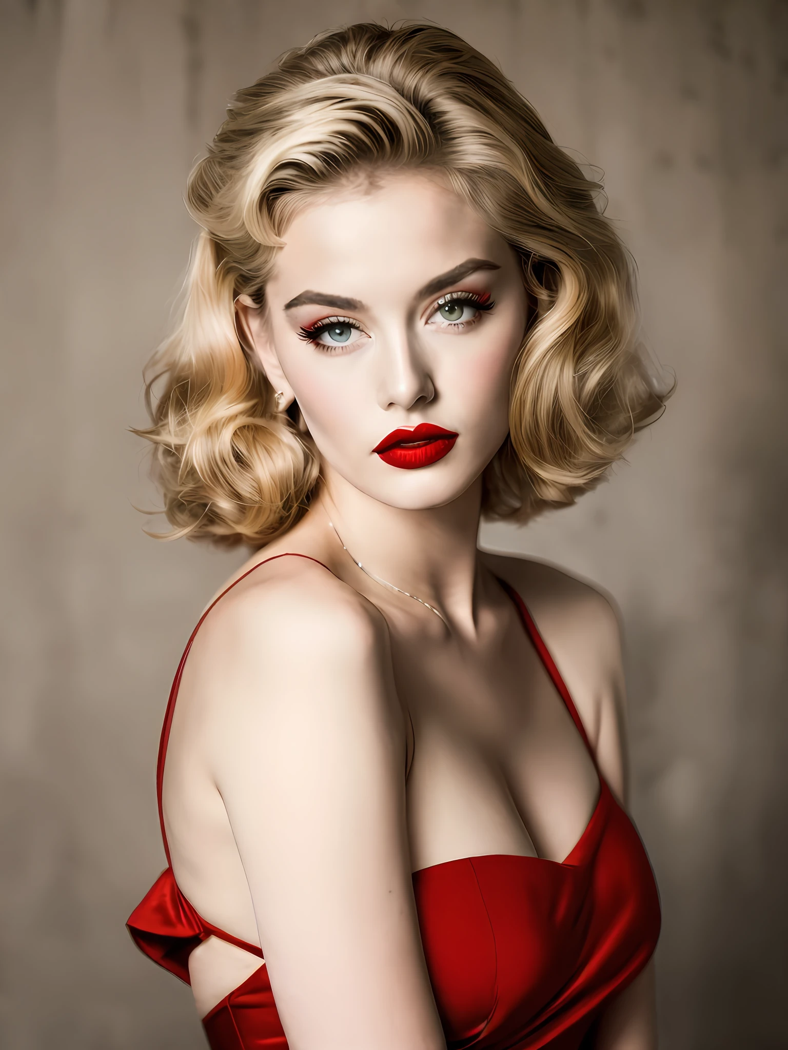 1950s blonde bombshell with pouty lips and sultry eyes. she wears a red lipstick and a tight-fitting dress, exuding confidence and sensuality 8k
