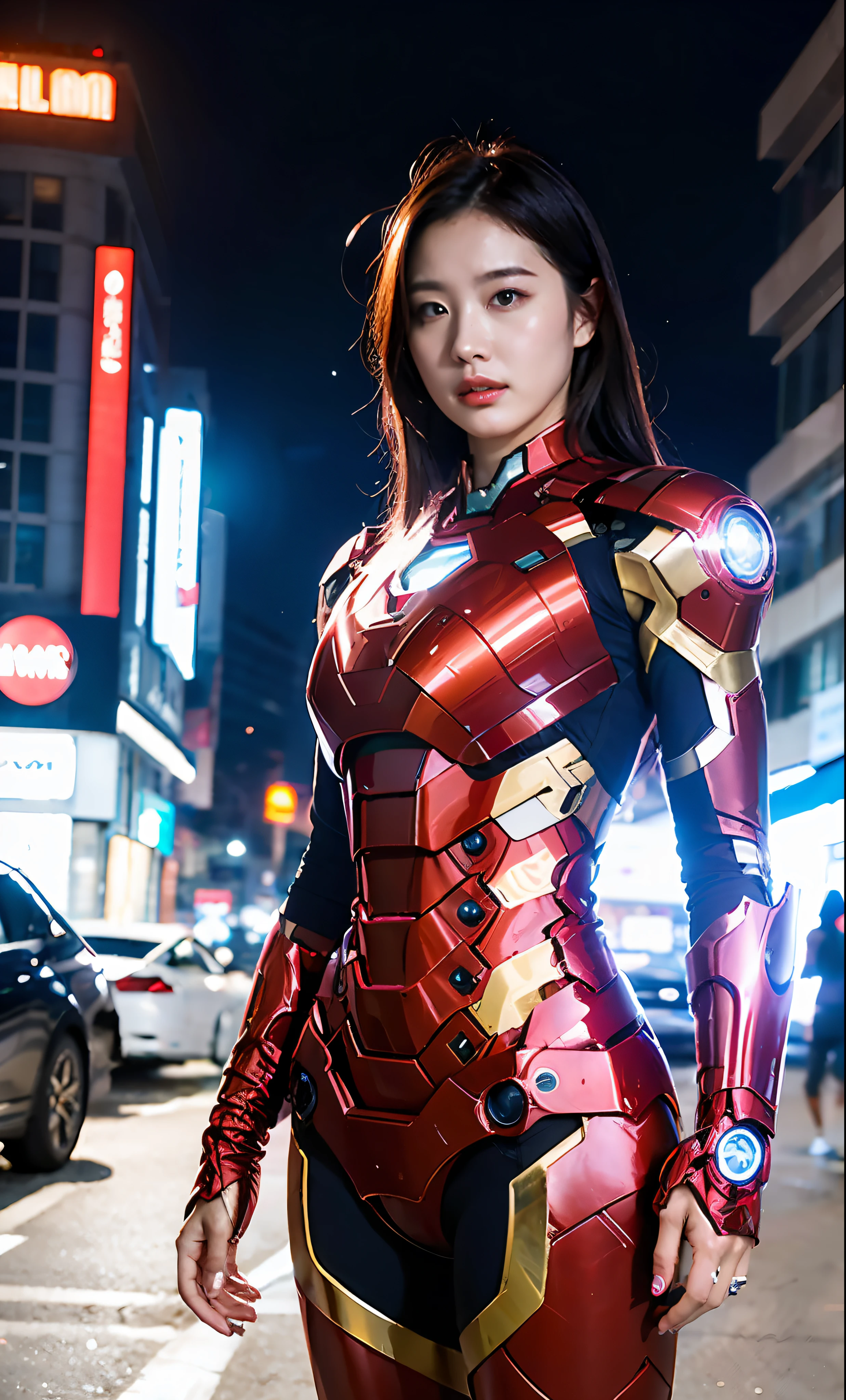 8k, realistic, attractive, highly detailed, a 20 year old girl a sexy and attractive woman inspired by Iron Man wearing a shiny Iron Man mech. She dresses with sexiness and confidence, perfectly interpreting Iron Man's strength and charisma. In a cyberpunk-style city night scene, a sexy and attractive woman takes Iron Man's cosplay as the theme. Wearing a shiny Iron Man mech, she stands on a street lined with tall buildings. The night lights of the city are bright, reflecting on her mecha, adding a sense of future technology. The surrounding buildings and streets are full of cyberpunk elements, such as neon lights, high-tech devices and futuristic architectural designs. The whole scene is full of futuristic and sci-fi atmosphere. This high-definition, high-quality picture will bring you stunning visual enjoyment, a perfect combination of sexy, futuristic and sci-fi elements. oc rendering, dramatic lighting, award winning quality
